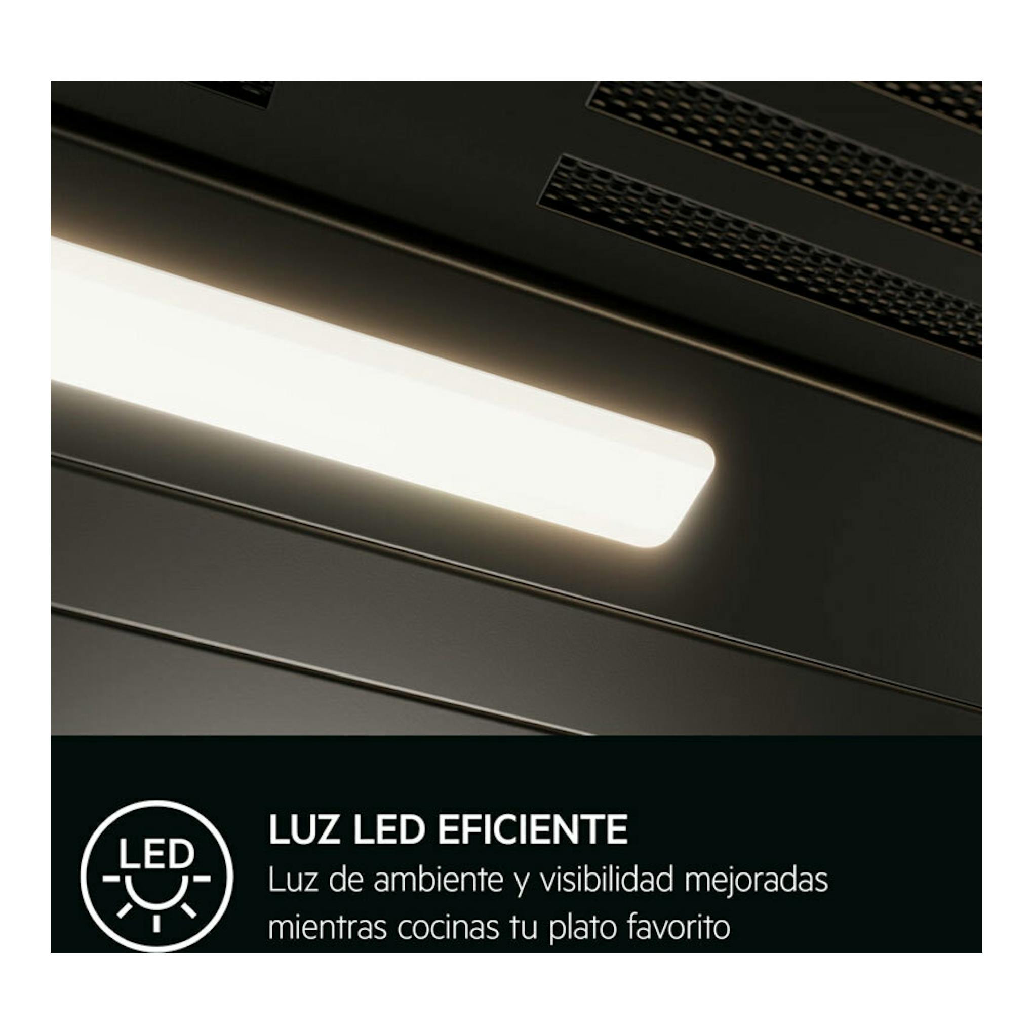 Campana decorativa AEG GV77D91SB negra, vista en primer plano con luz LED encendida.