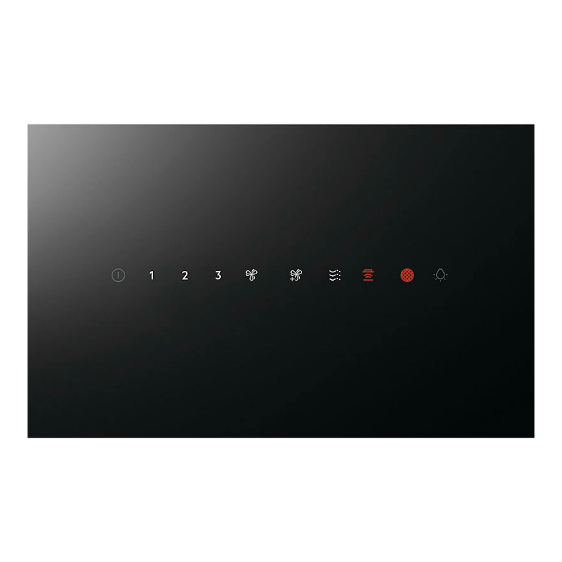 Campana decorativa AEG GV77D91SB de cristal negro, vista frontal del panel táctil con iconos de control.