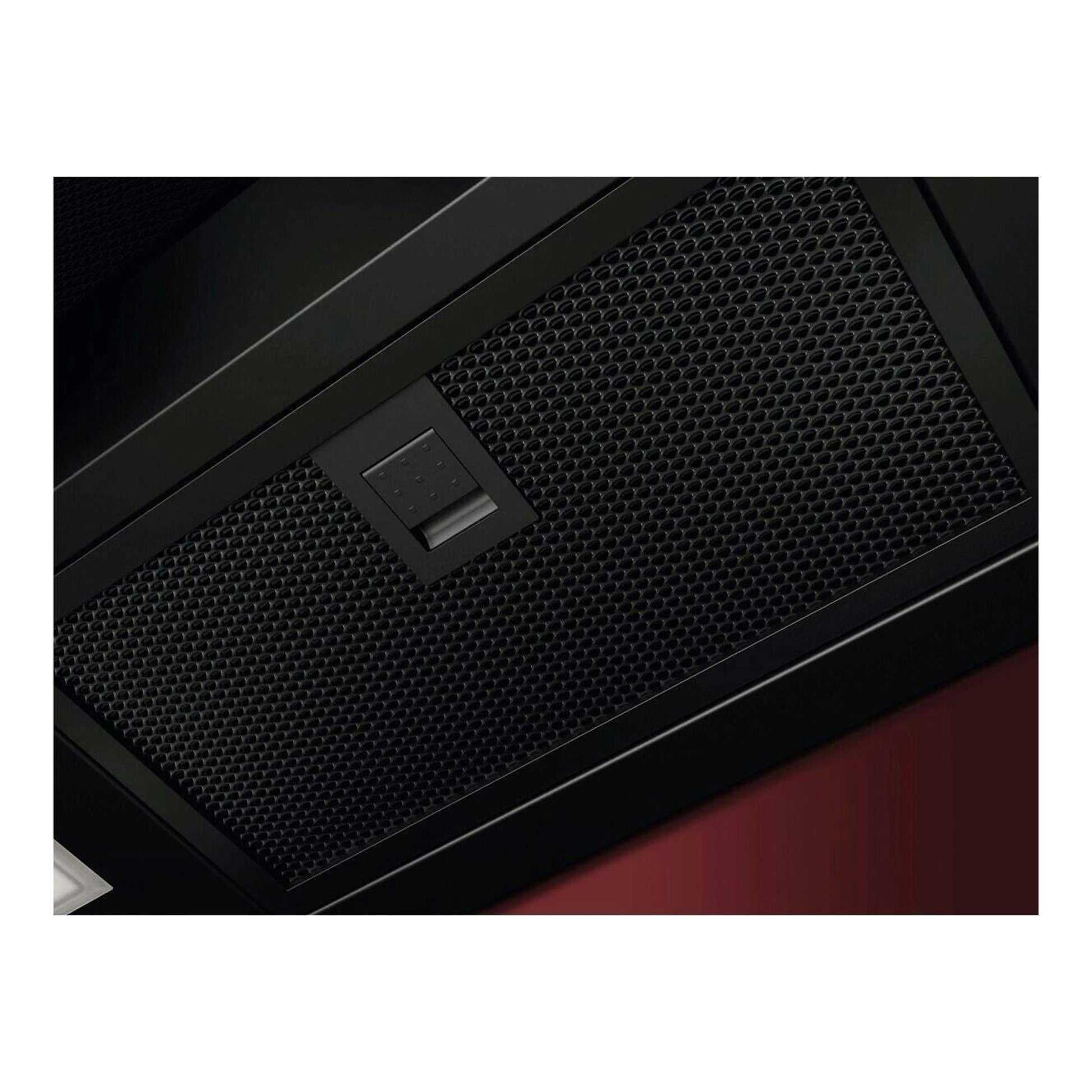 Campana extractora AEG GV77D91SZ negra, vista en ángulo con rejilla y panel de control central.