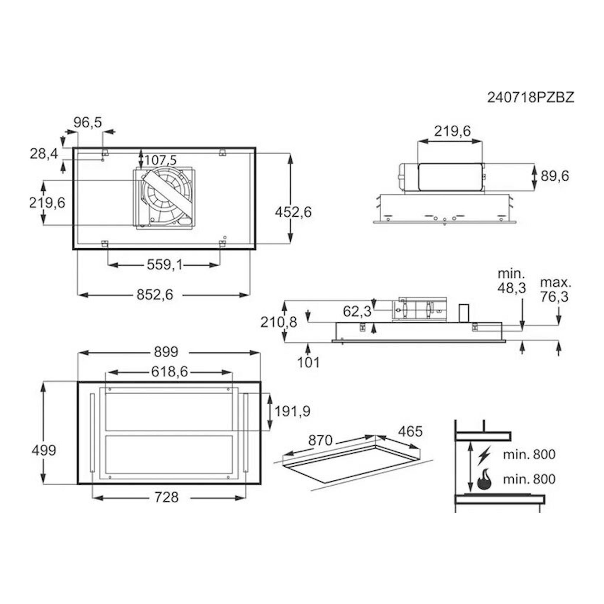 Plano técnico de campana decorativa AEG NDC7792SM inox, con vistas frontal, lateral y medidas.