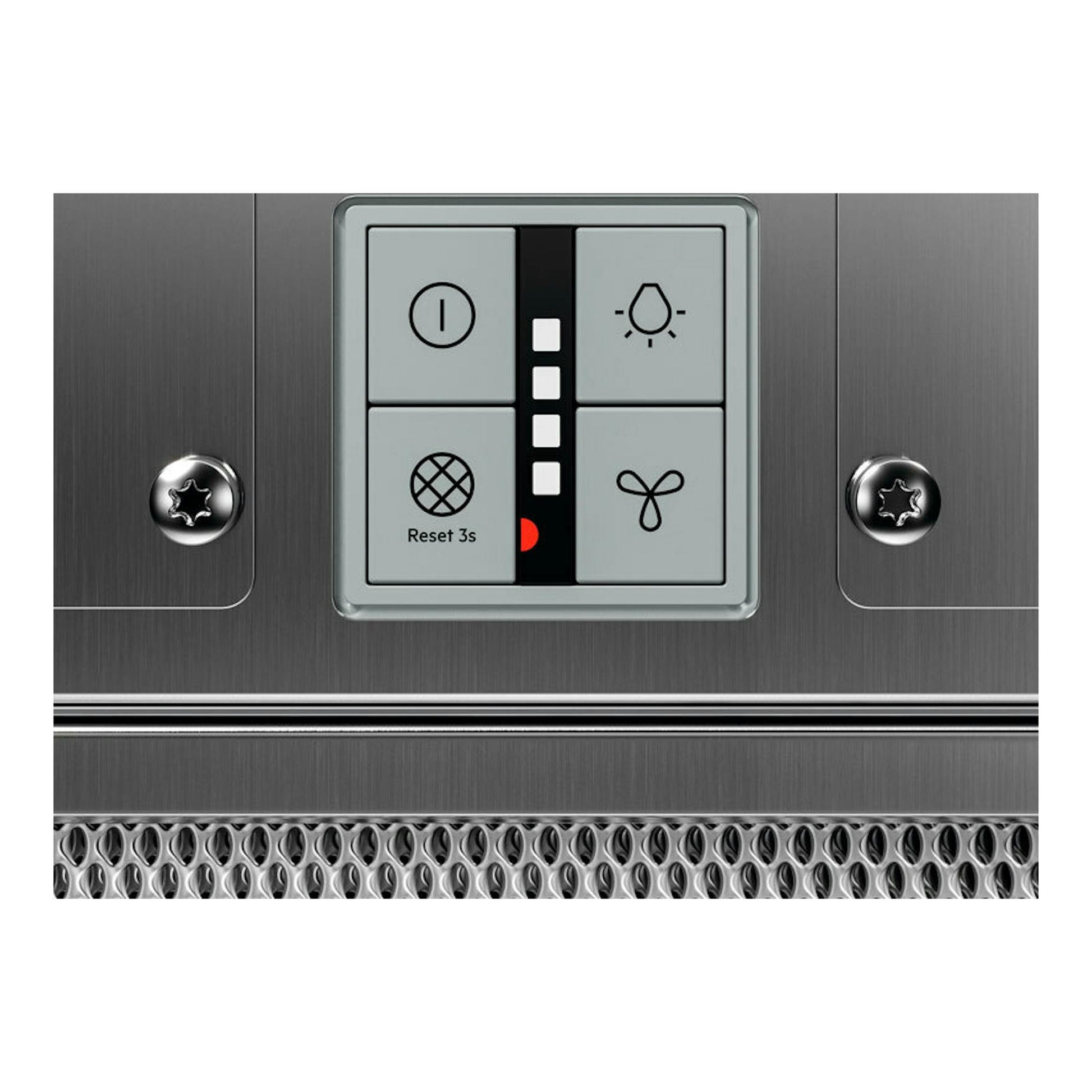 Campana extractora AEG NDC7792SM en inox, detalle frontal del panel de control y botones.
