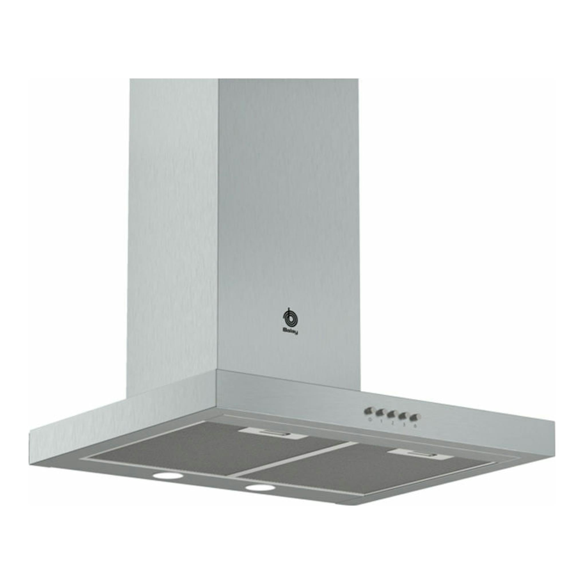 Campana decorativa Balay 3BC065MX en inox, vista frontal en ángulo con panel y controles.
