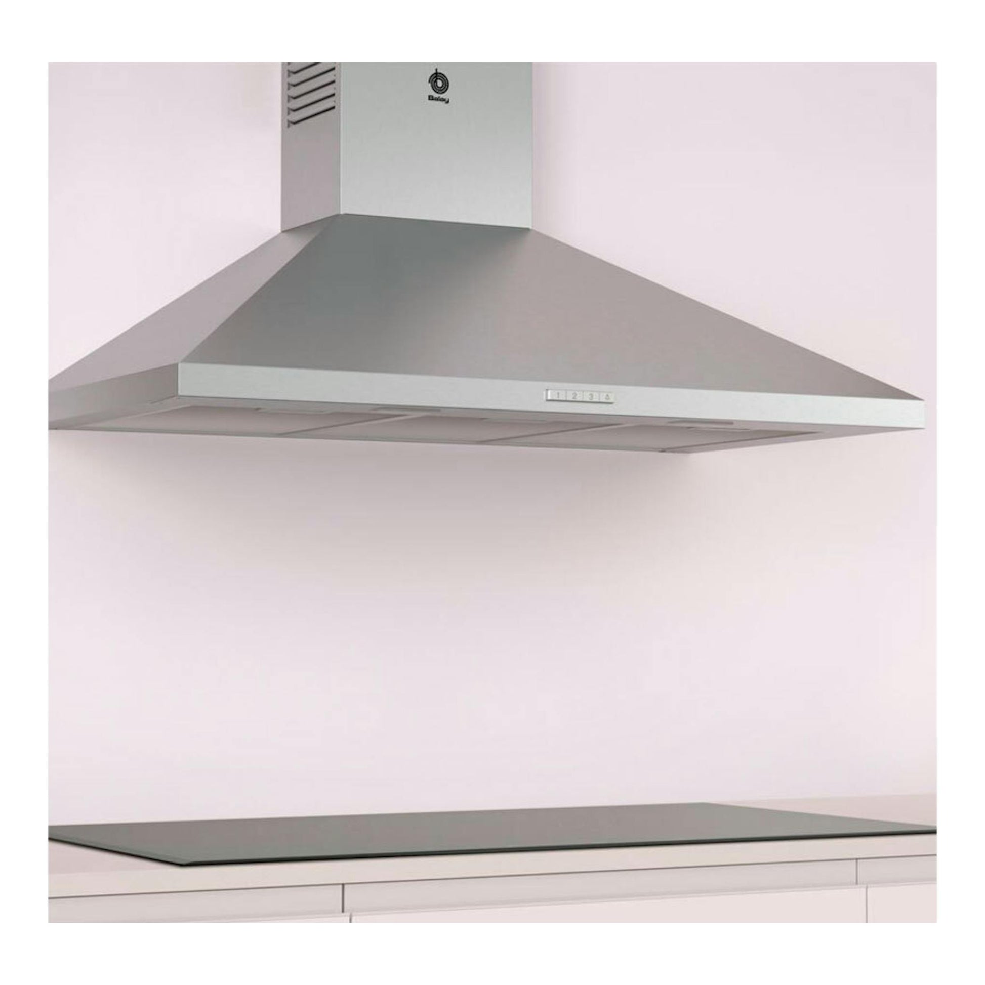 Campana decorativa Balay 3BC695MX de acero inoxidable, vista frontal inclinada, 90 cm.