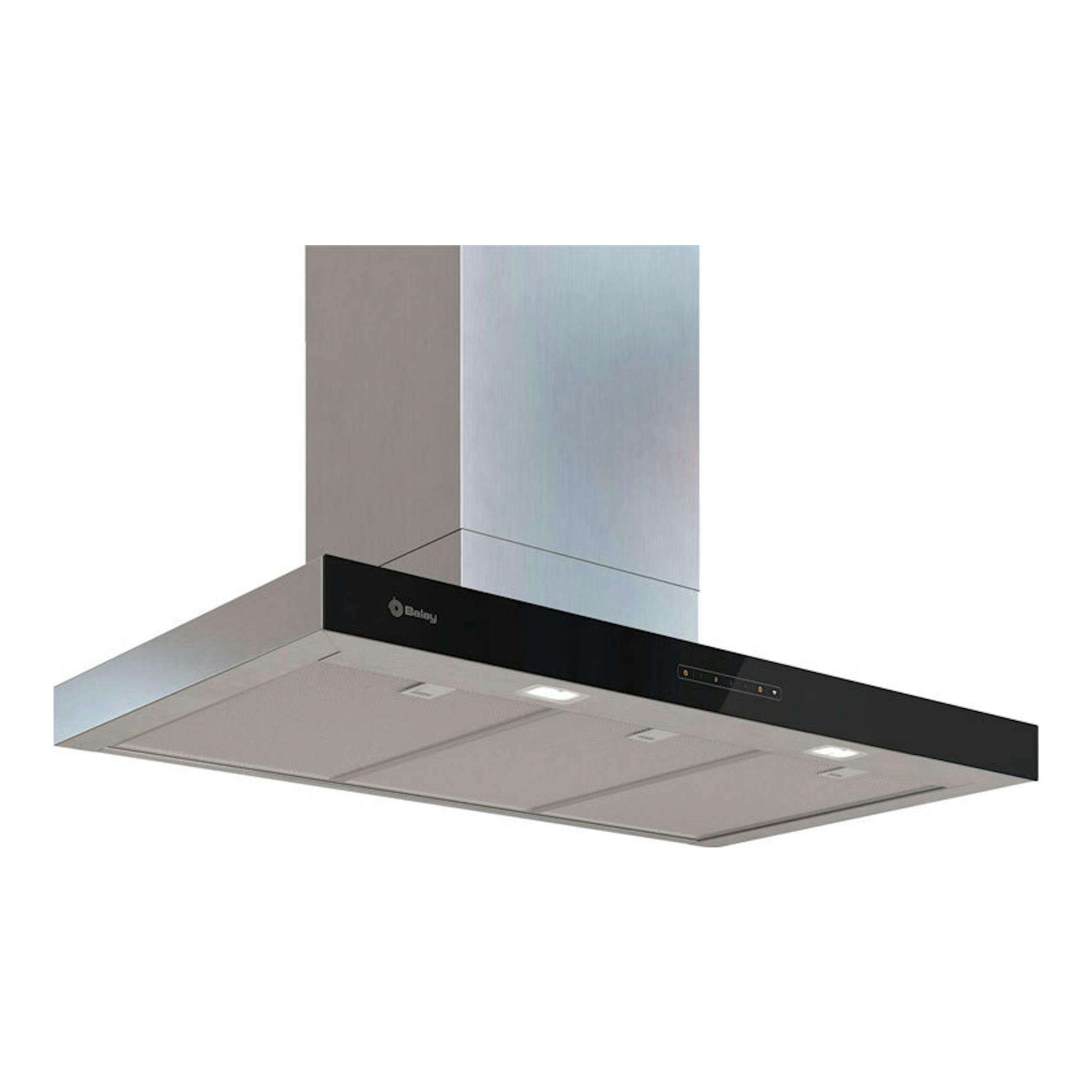 Campana extractora decorativa Balay 3BC897GX en inox y negro, vista inferior en ángulo, de pared.