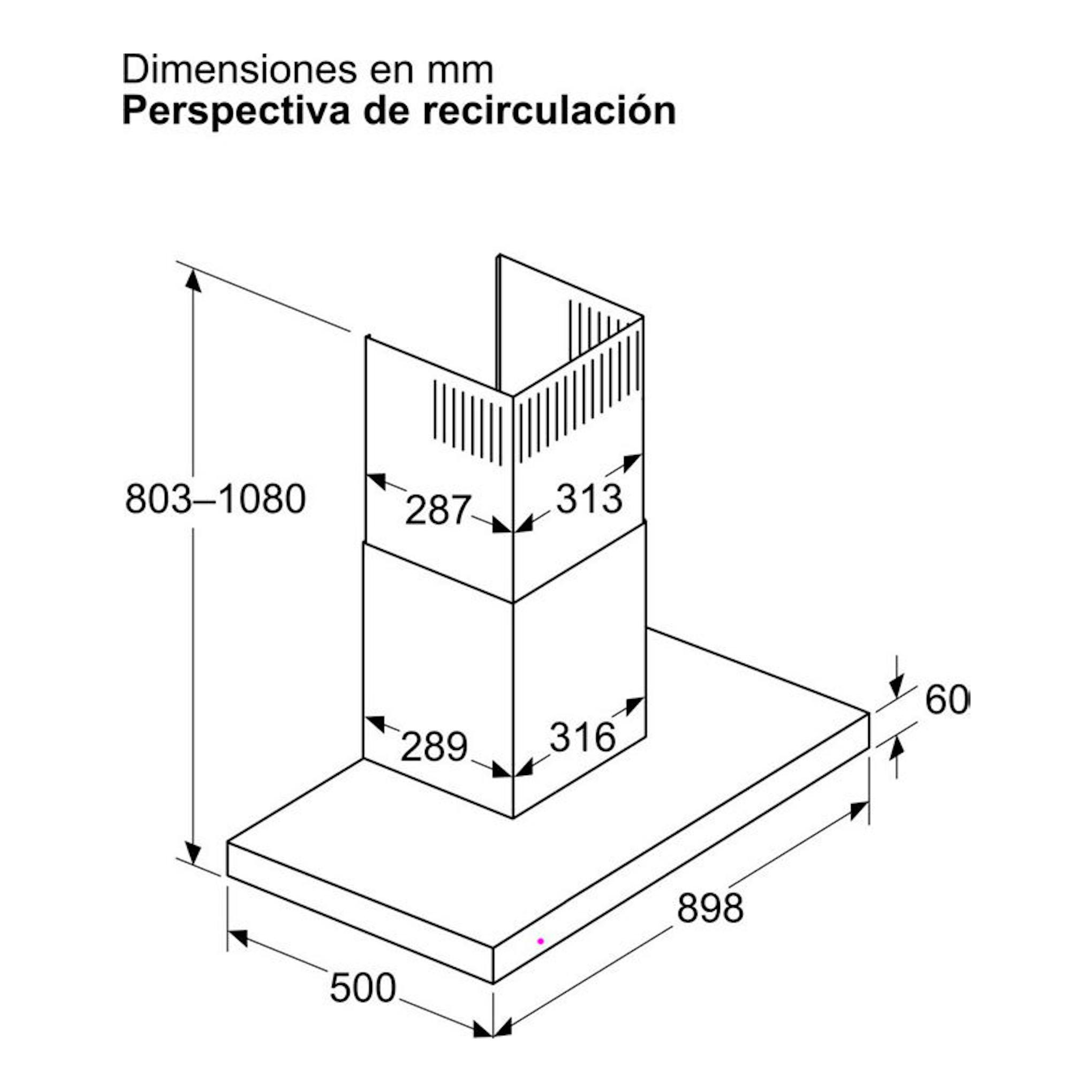 Balay 3BC897GX: campana decorativa inox en vista isométrica de recirculación, con medidas 898x500 mm.