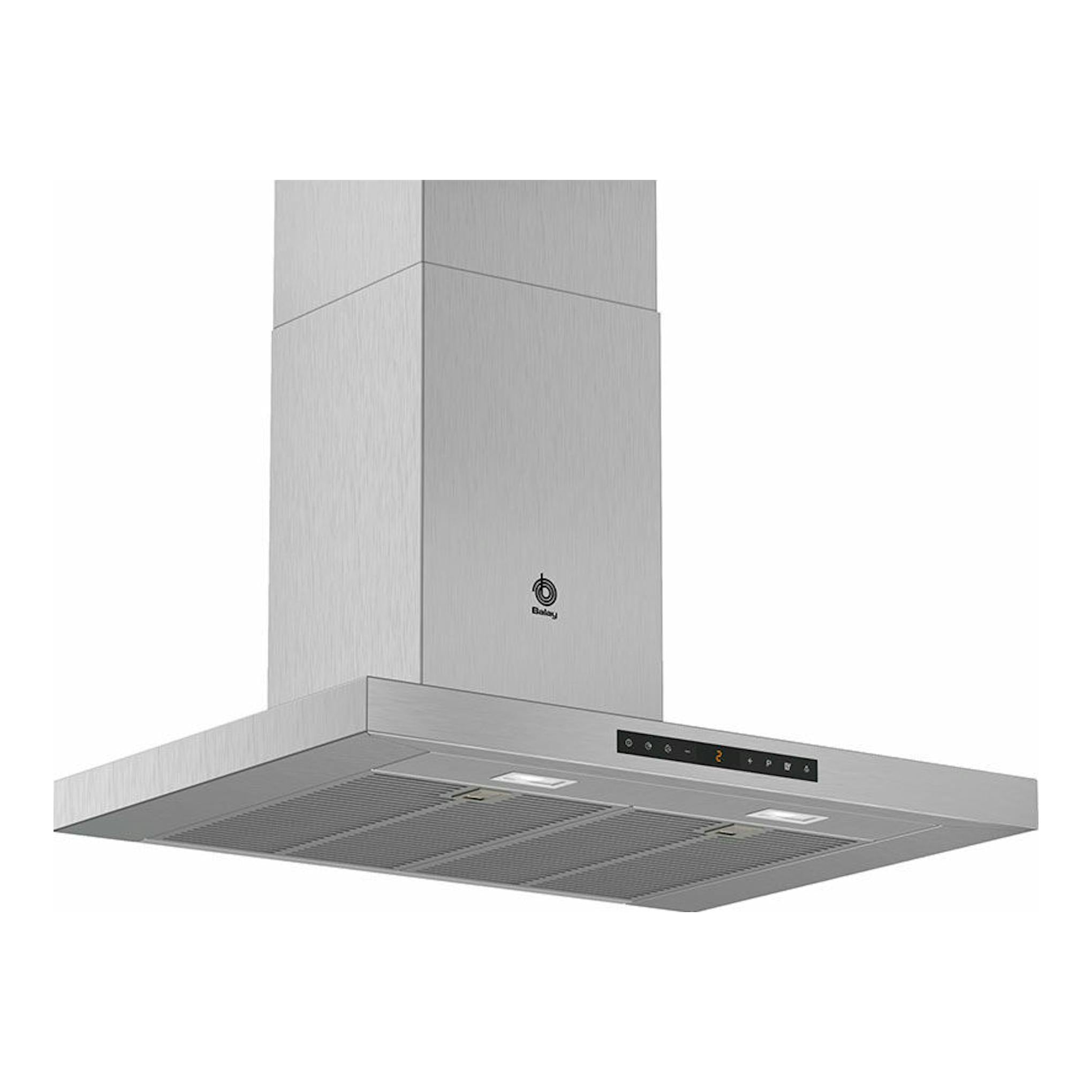 Campana decorativa Balay 3BC978HX inox, vista frontal en ángulo, con panel de control y filtro metálico.