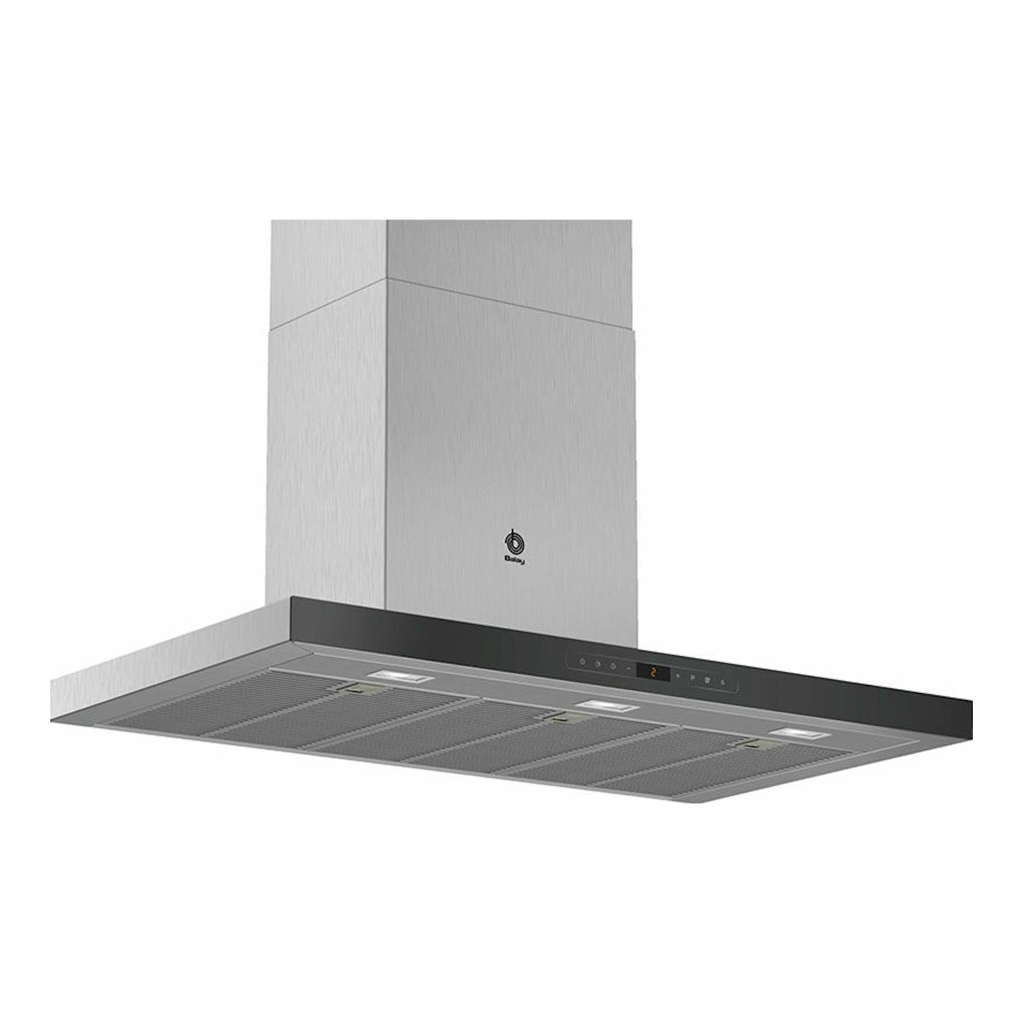 Campana decorativa Balay 3BC998HNC de pared, acero inoxidable con frontal negro, vista en ángulo.