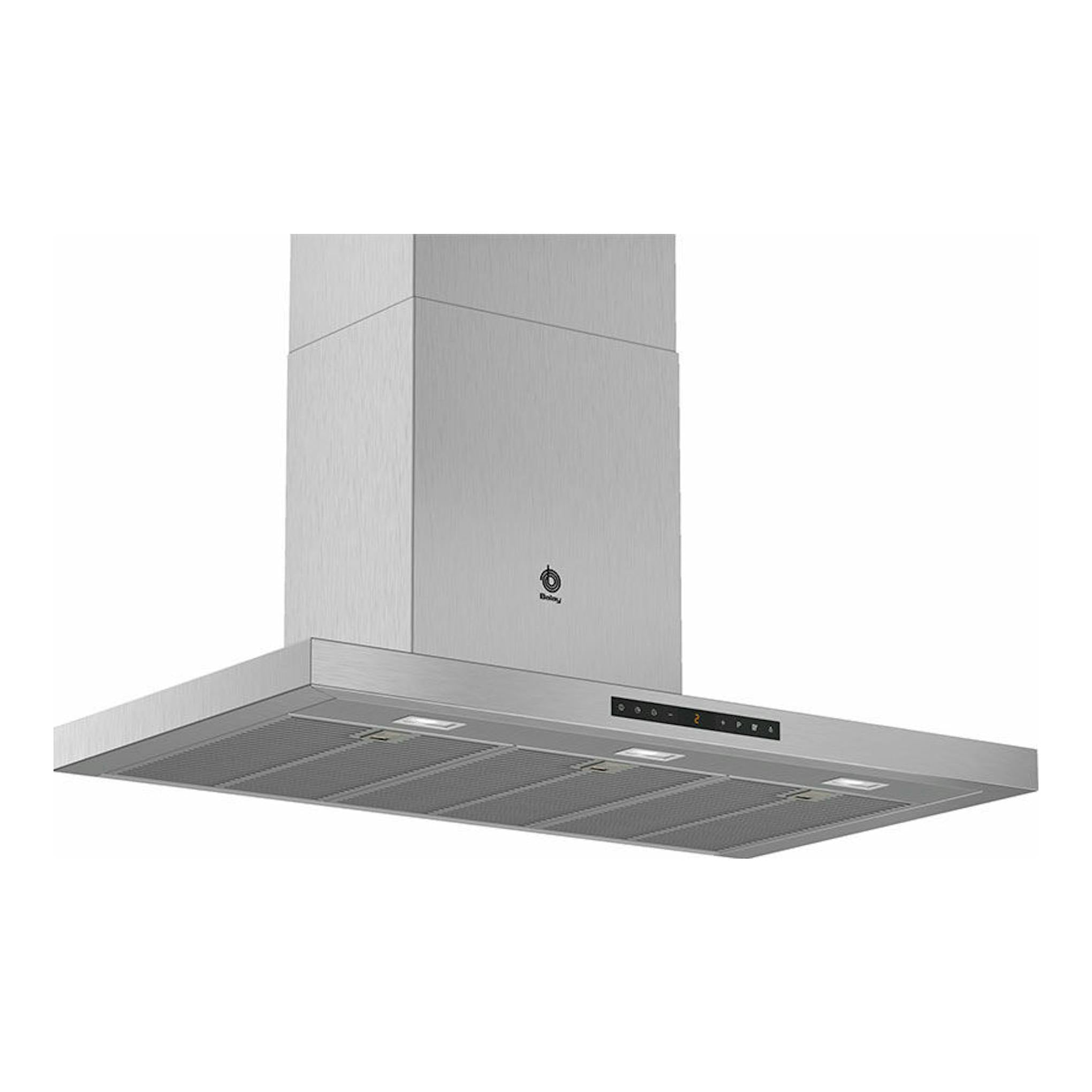 Campana decorativa Balay 3BC998HX inox, vista frontal en ángulo, con panel y filtros metálicos.