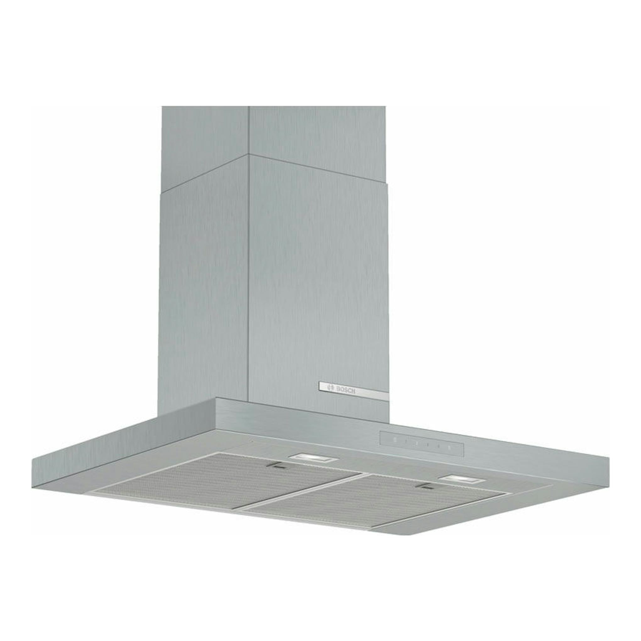 Campana decorativa Bosch DWB77CM50 inox, vista frontal inclinada, con chimenea y filtros metálicos.