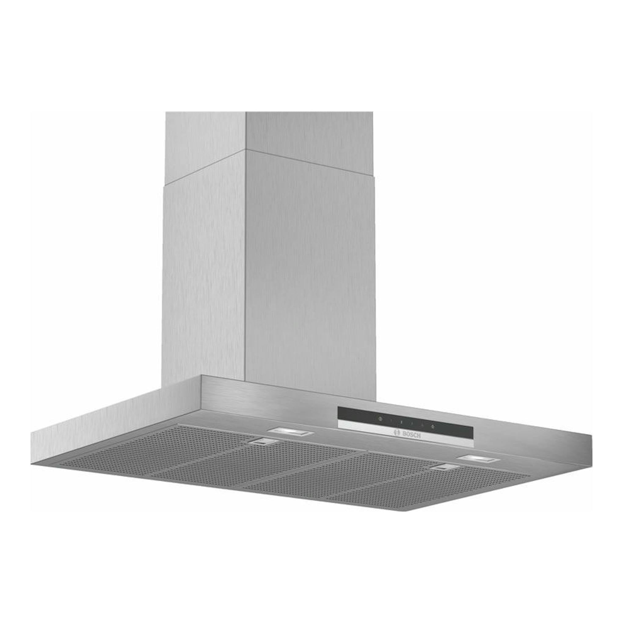 Campana decorativa Bosch DWB77IM50 de inox, vista frontal inferior en ángulo, con panel y filtros metálicos.