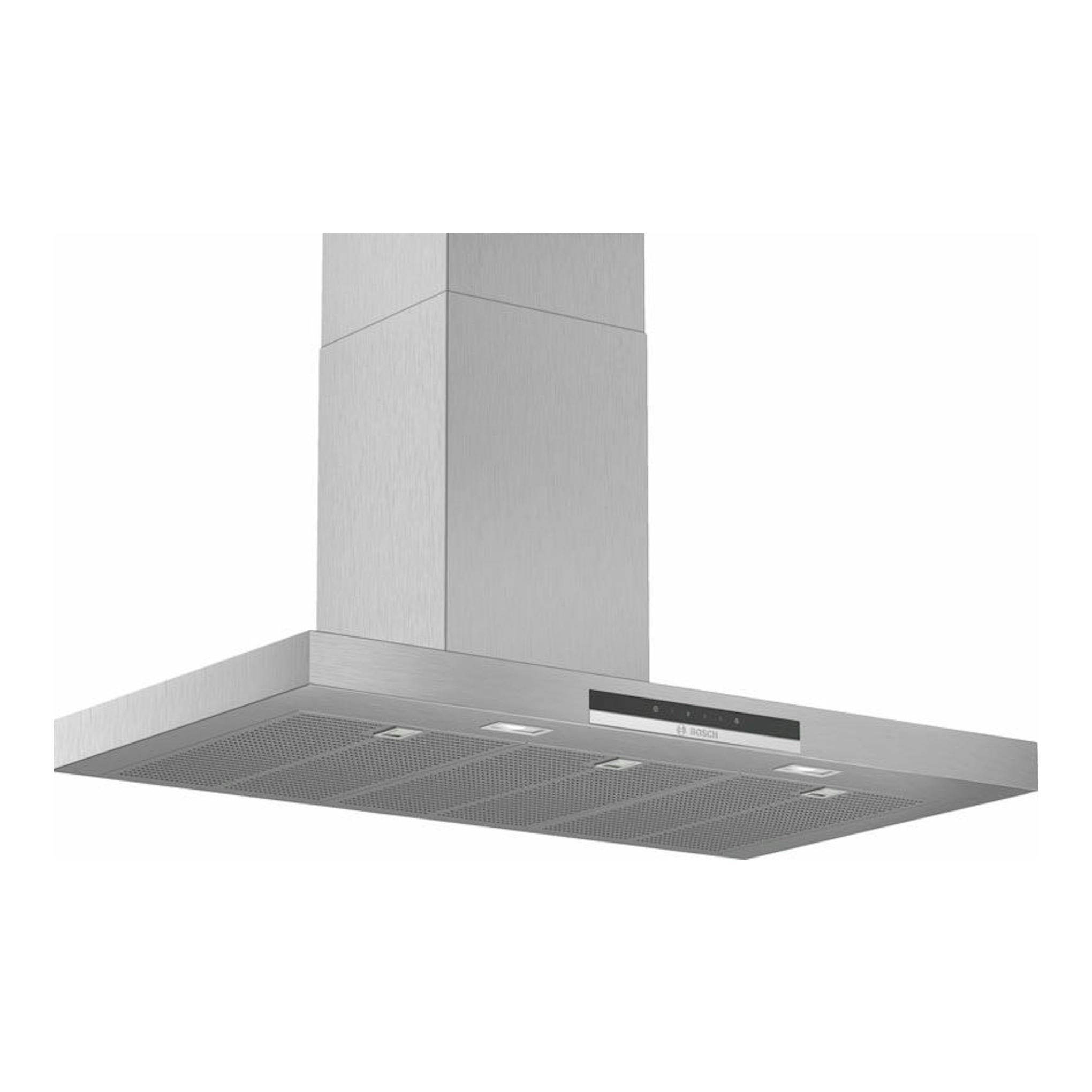 Campana decorativa Bosch DWB97IM50 inox, vista frontal en ángulo, con panel rectangular y filtros metálicos.