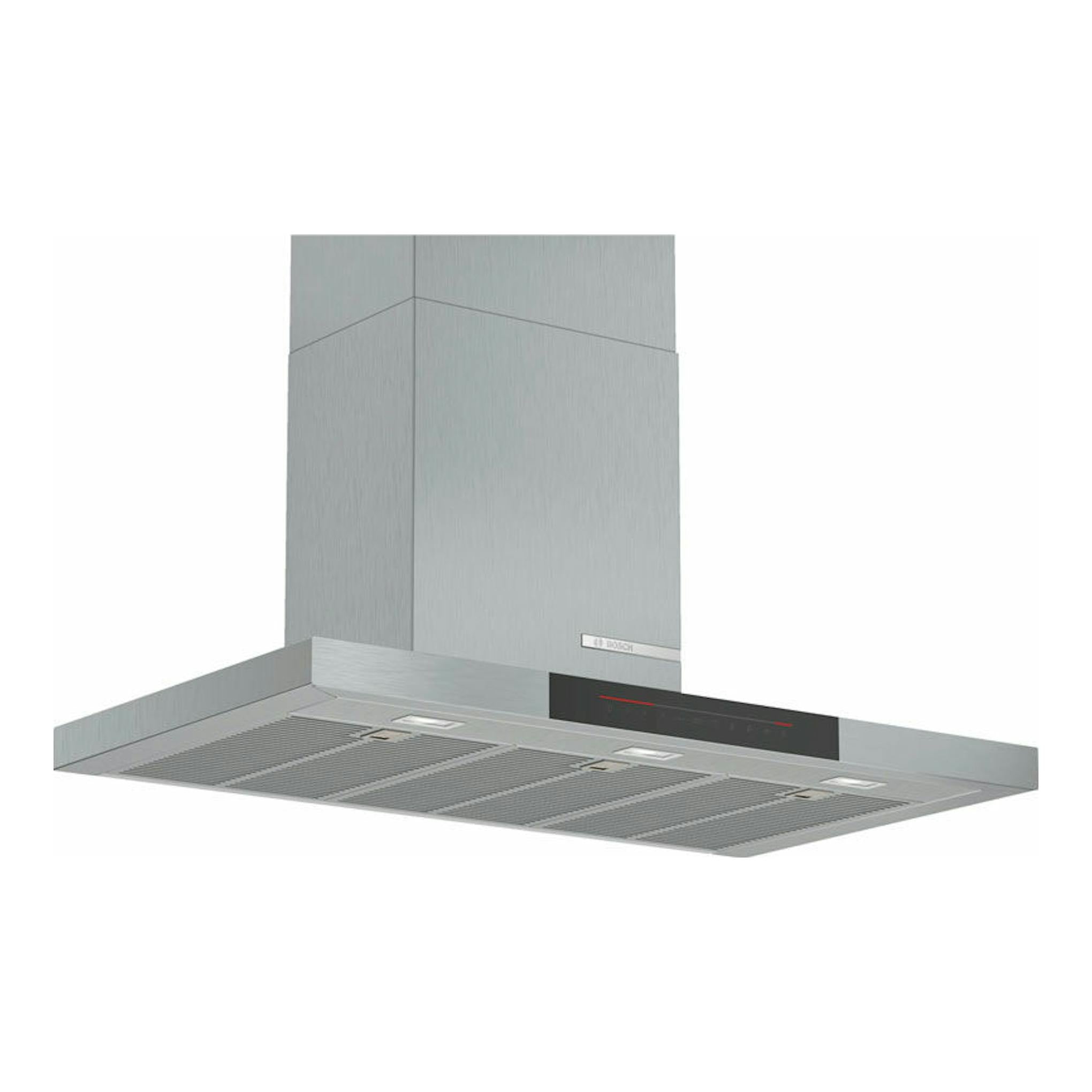 Campana decorativa Bosch DWB98JQ50 inox, vista frontal en ángulo, acabado acero inoxidable.