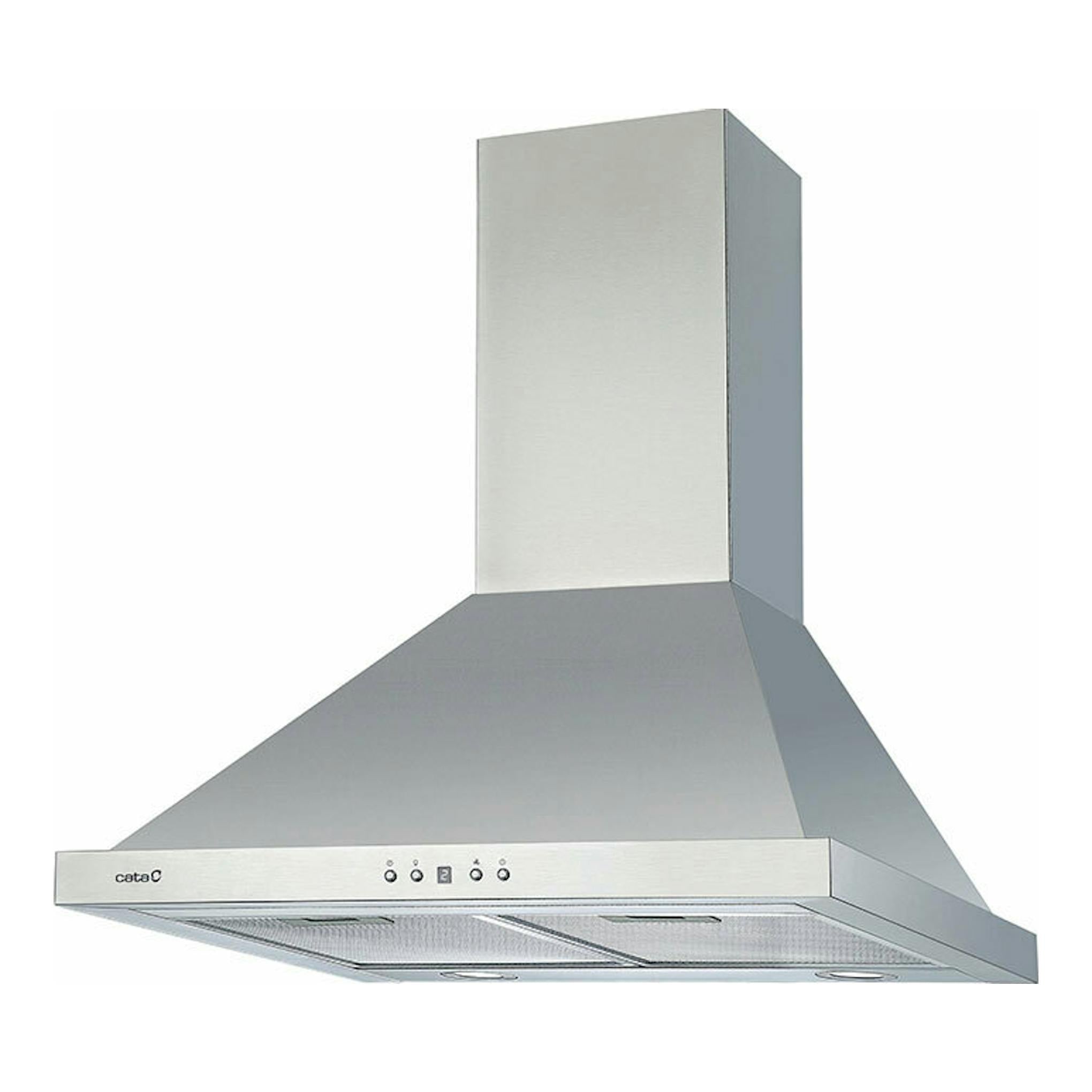 Campana decorativa Cata Beta PRO 6000 X de acero inoxidable, vista frontal en ángulo, con chimenea y panel frontal.
