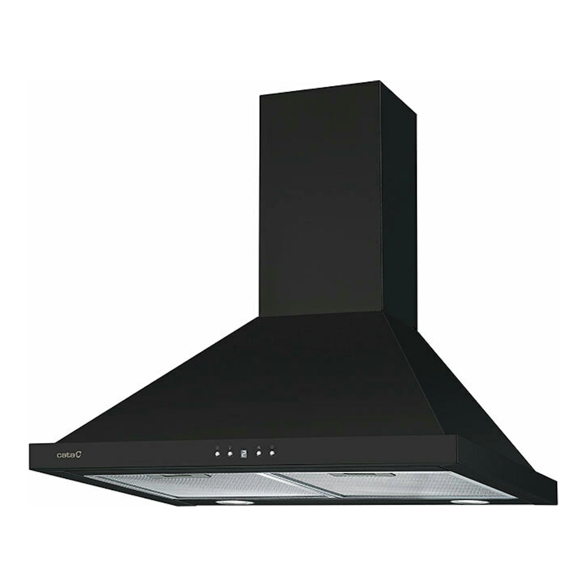 Campana decorativa Cata Beta PRO 7000BK negra, vista frontal en ángulo, de pared, 70 cm.
