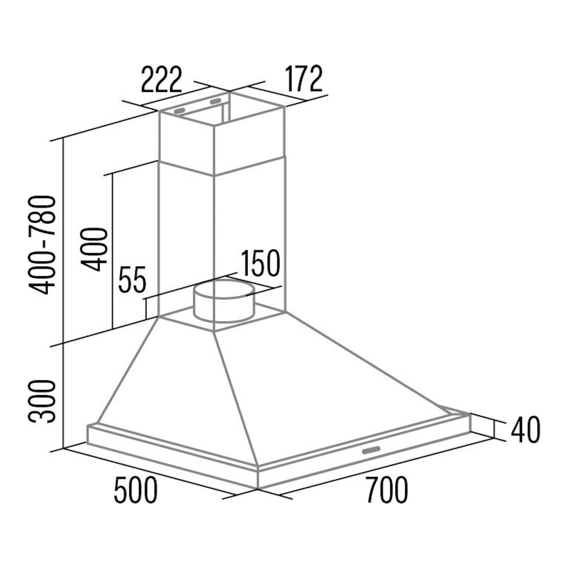 Dibujo técnico isométrico de campana Cata Beta PRO 7000BK negra de 70 cm, con medidas.