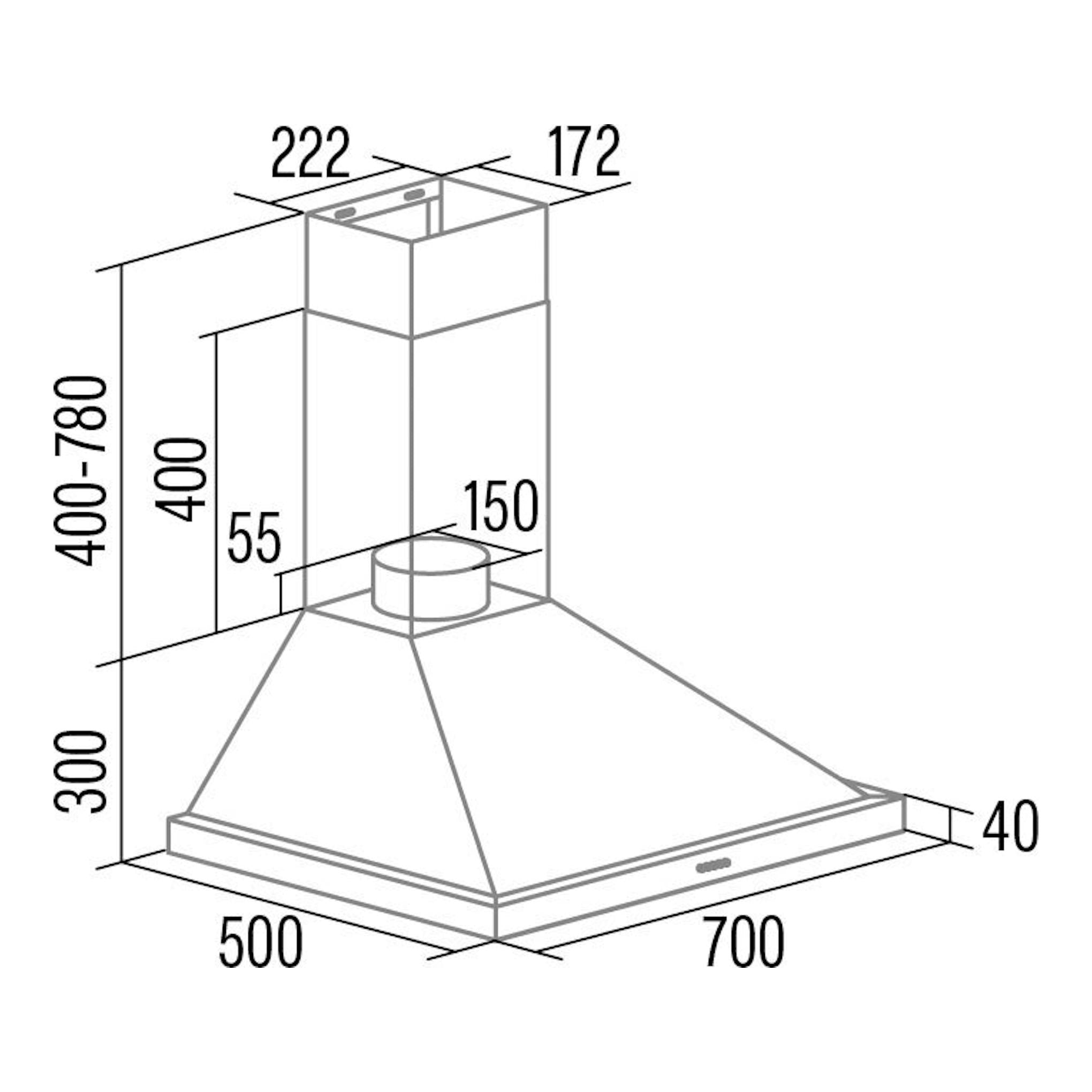 Cata Beta PRO 7000X inox, dibujo técnico de campana decorativa de pared con dimensiones y salida superior.