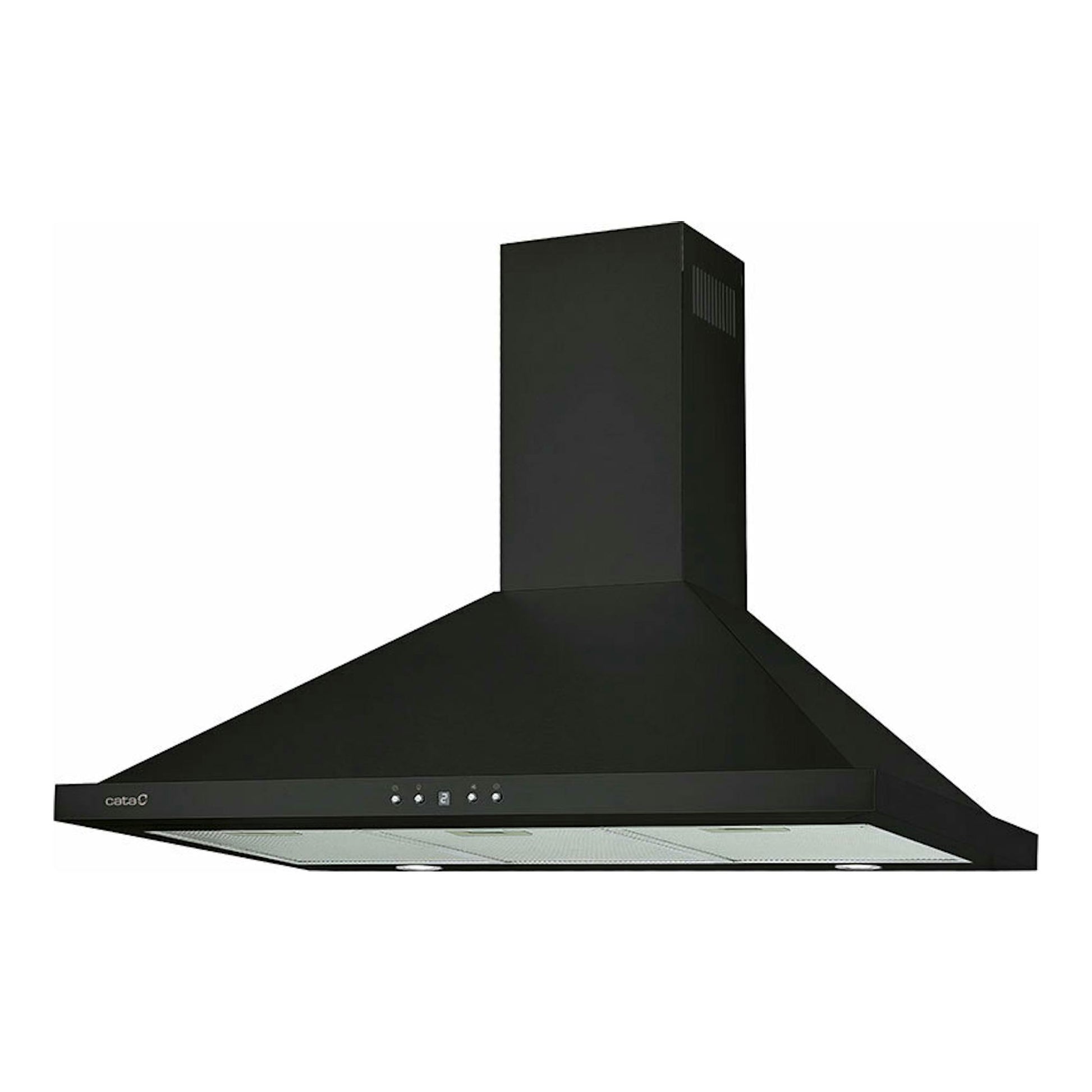 Campana decorativa Cata Beta PRO 9000BK negra, vista frontal en ángulo, con chimenea y botones.