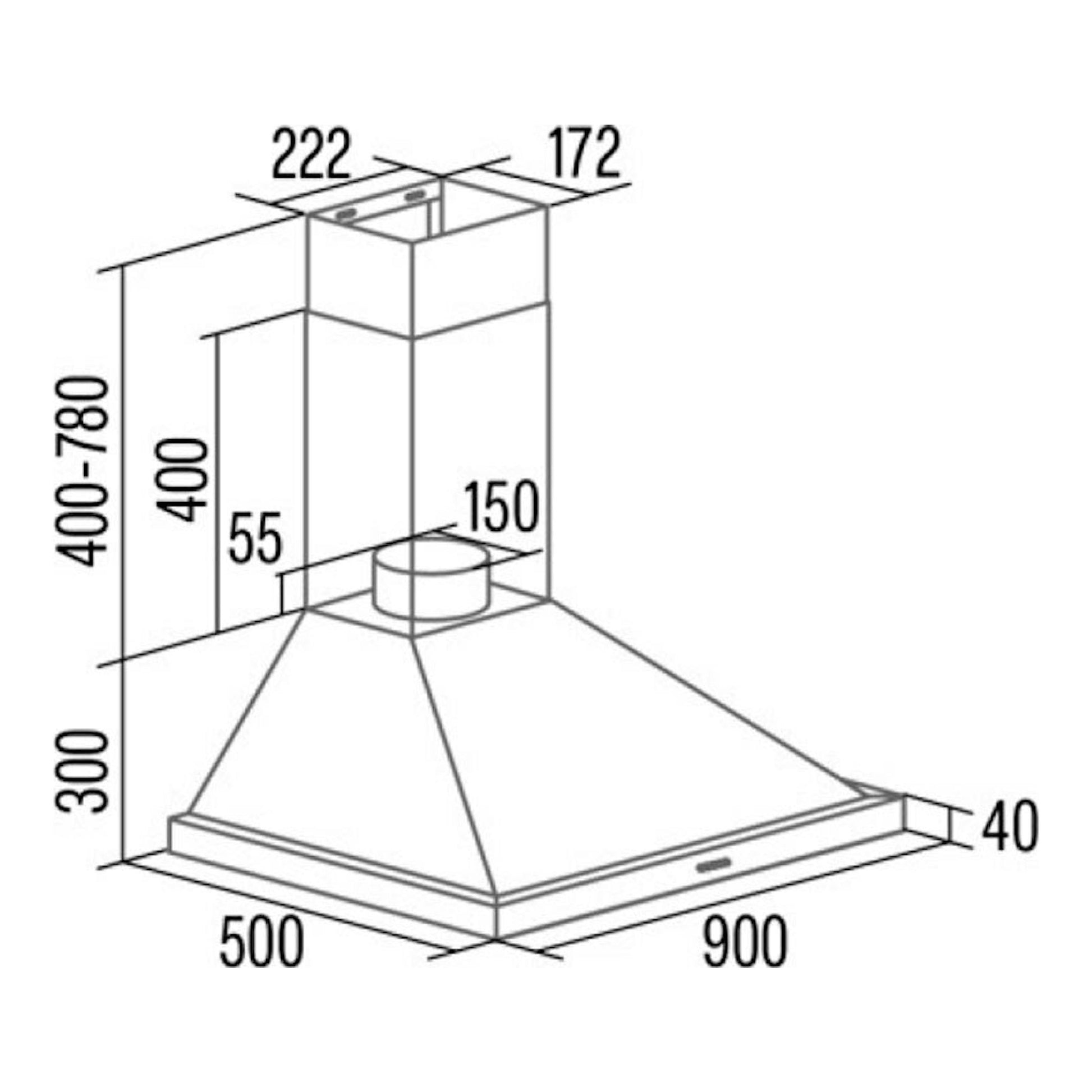 Plano técnico en vista isométrica de la campana decorativa Cata Beta PRO 9000X inox de 90 cm, con medidas.