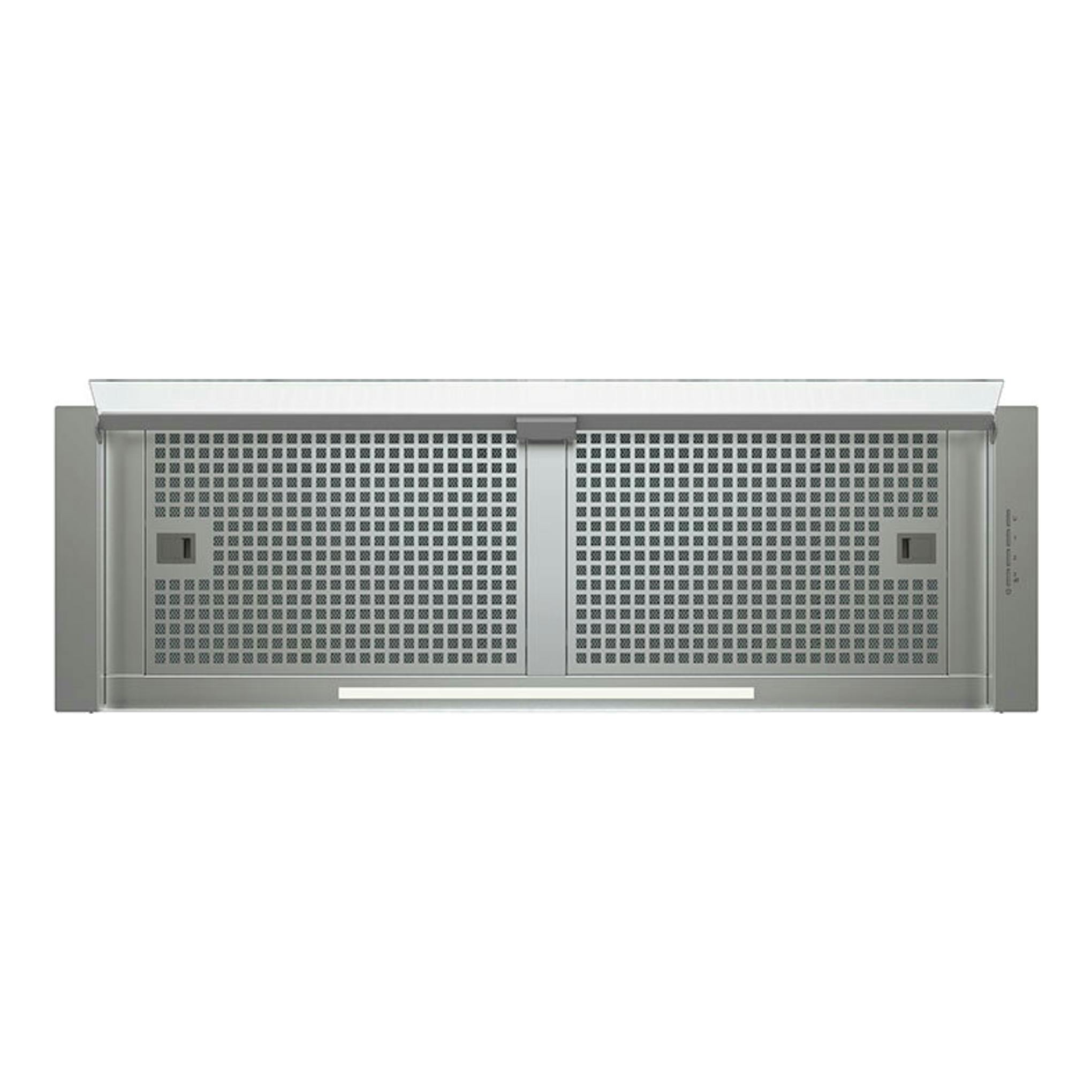 Campana decorativa Cata CoronaX100B de acero inoxidable, vista frontal, con paneles perforados grises.