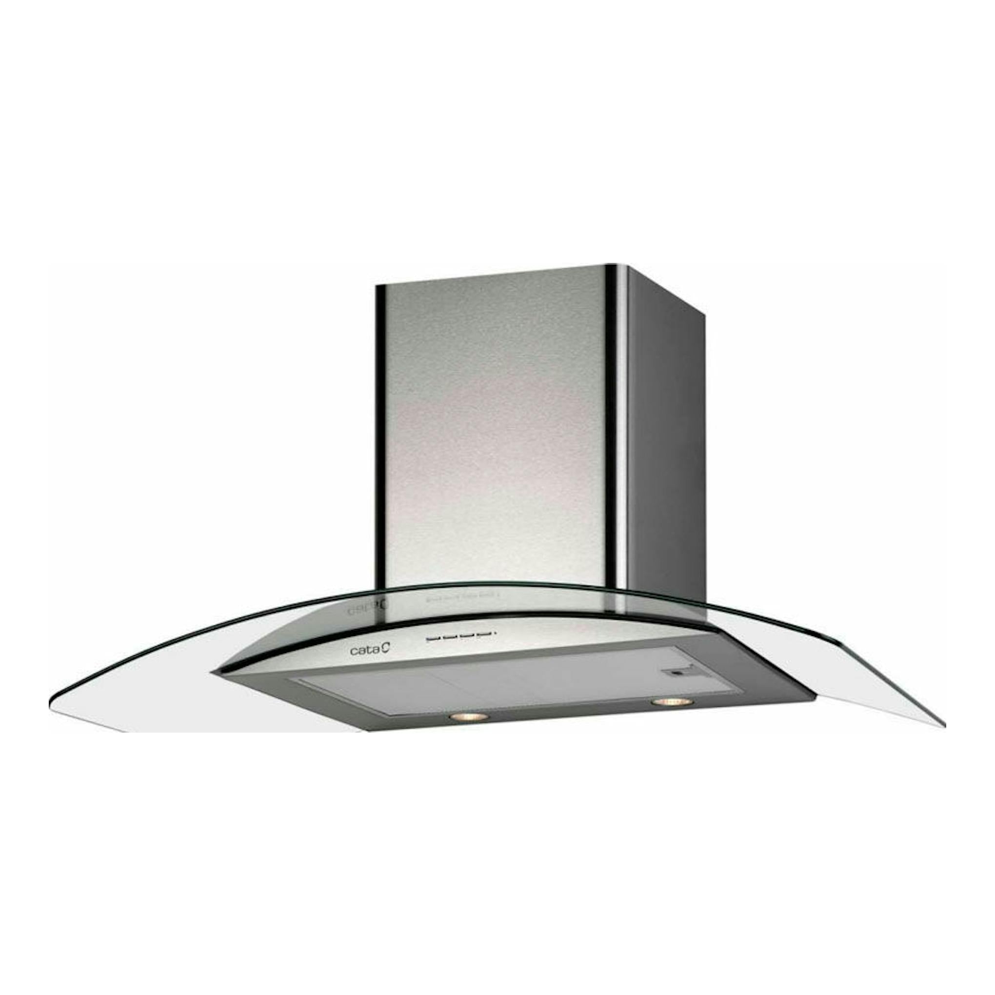 Campana decorativa Cata Gamma 600 Inox, vista frontal, acero inoxidable y cristal curvo.