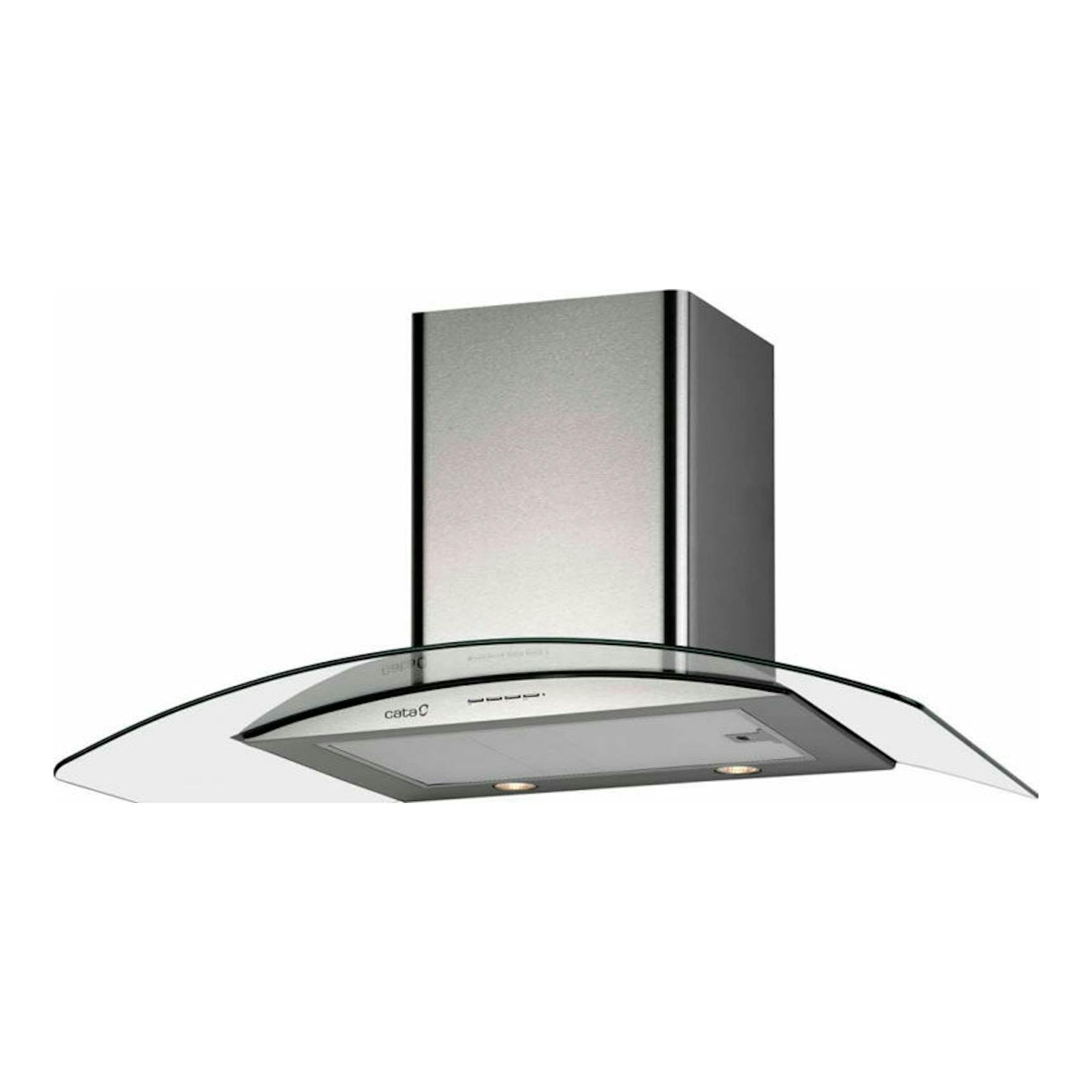 Campana decorativa Cata Gamma 900 Inox de acero inoxidable con frontal de cristal curvo, vista oblicua.