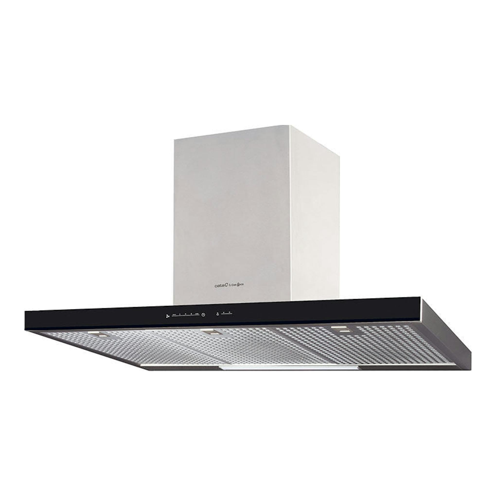 Campana decorativa Cata GLADIUS XGBK negra, vista en ángulo, con cuerpo plateado y panel inferior negro.