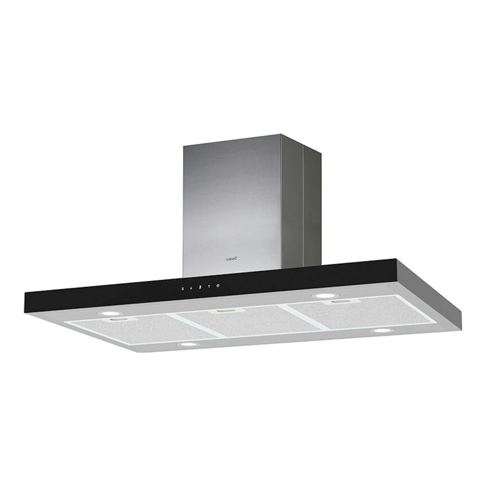 Campana de isla Cata Legend 9010XGBK, inox y negro, vista en perspectiva inferior y frontal.