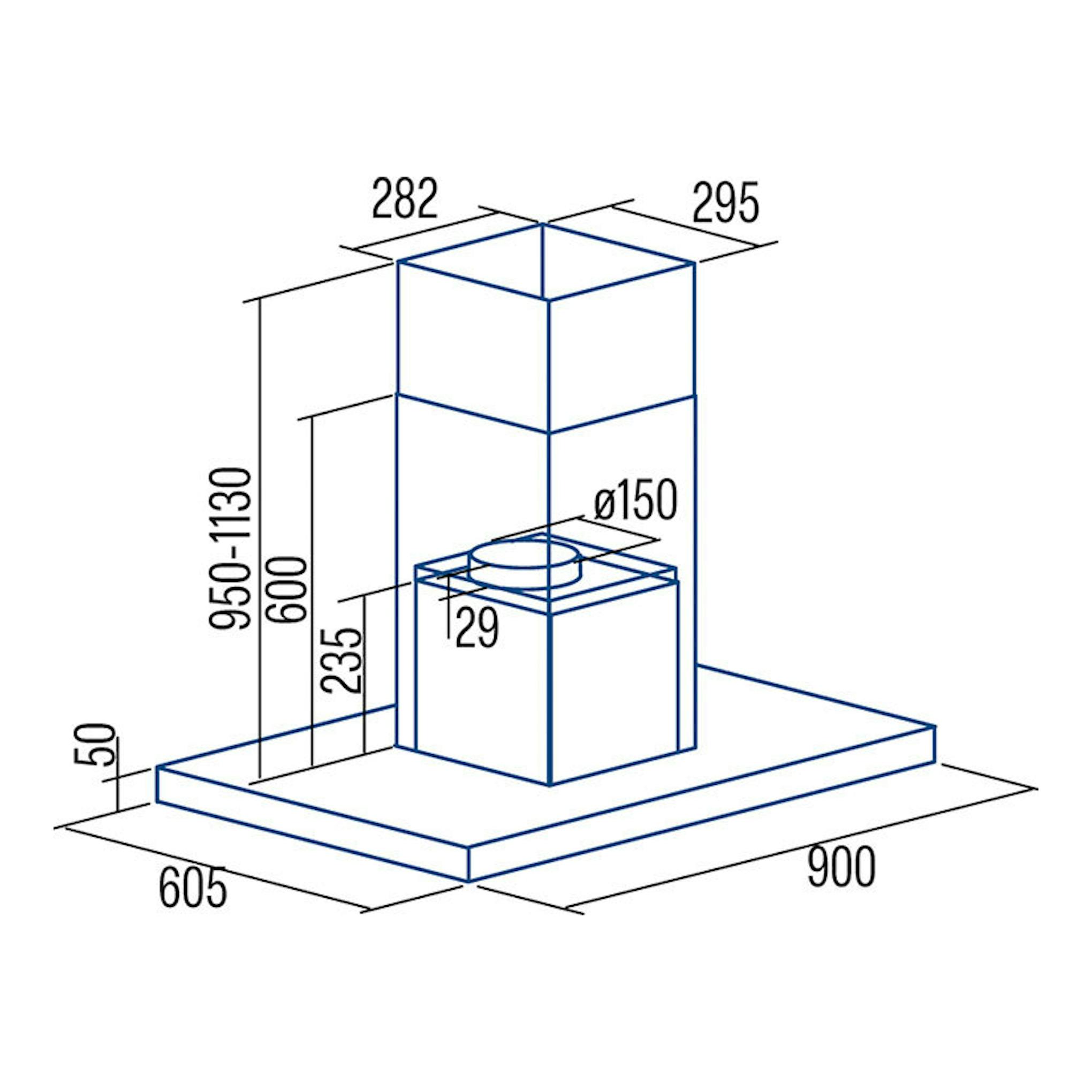 Dibujo técnico de la campana isla Cata Isla Legend 9010XGBK, en vista isométrica, con medidas y Ø150.
