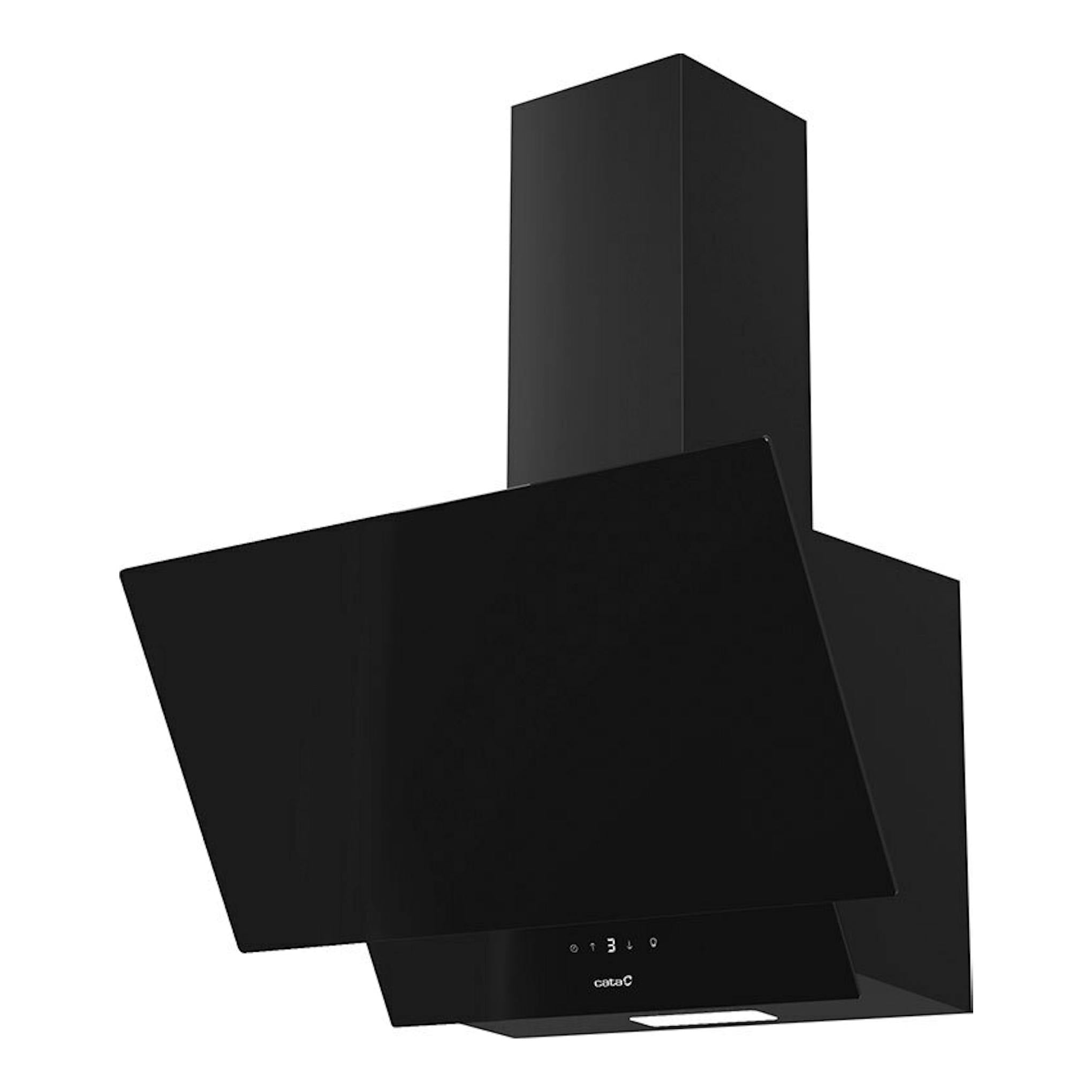 Campana extractora Cata Juno 6000 GBK de cristal negro, vista frontal en ángulo, fondo blanco.