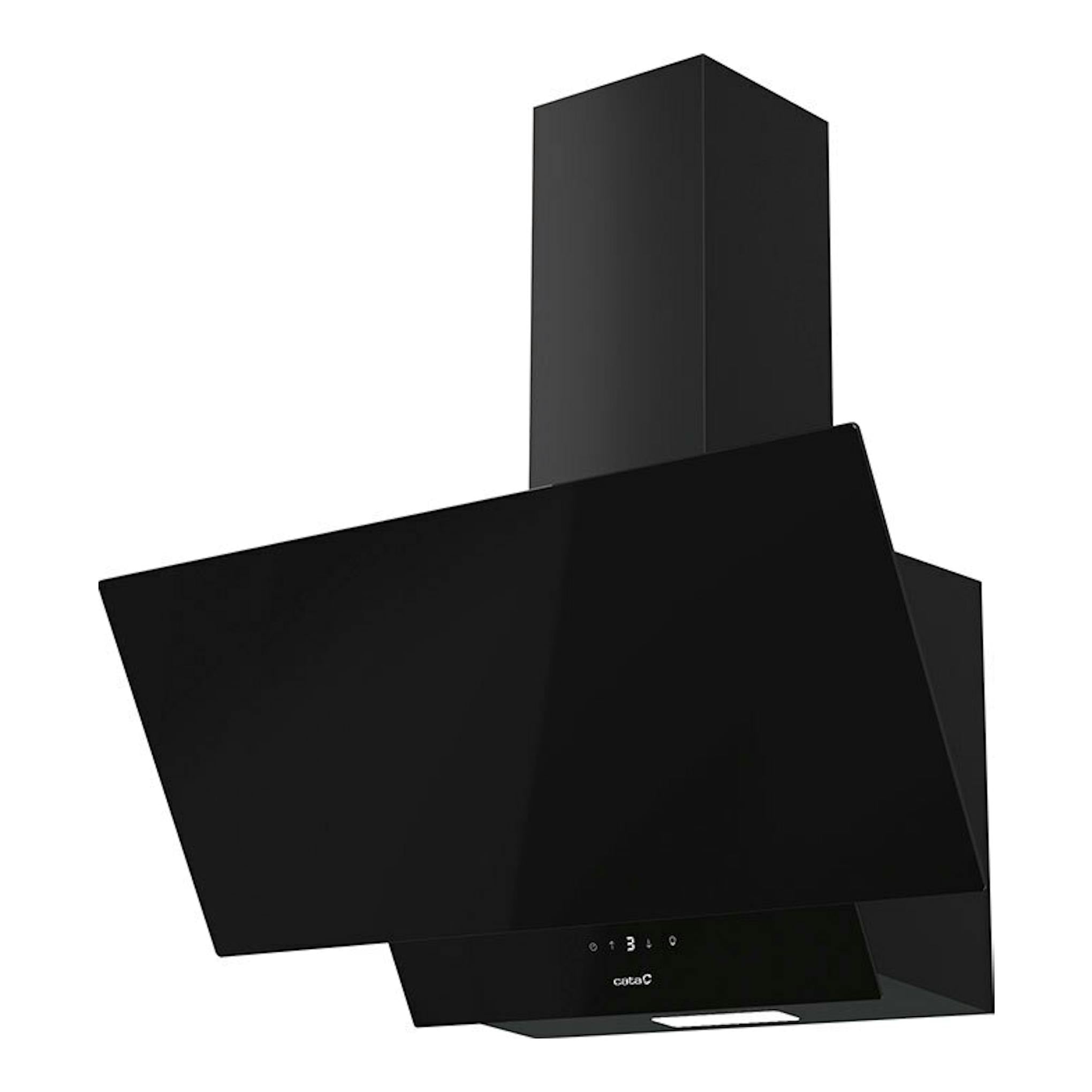 Campana decorativa Cata JUNO 7000 GBK de cristal negro, vista frontal en ángulo, 70 cm.