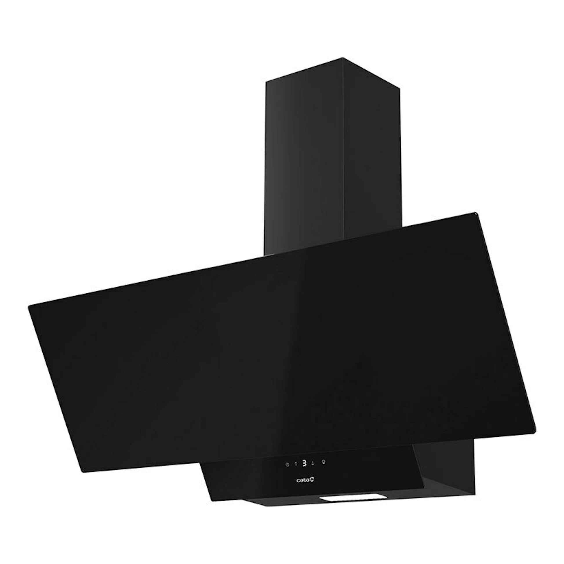 Campana decorativa Cata JUNO 9000 GBK negra, vista frontal en ángulo, con panel de cristal inclinado.
