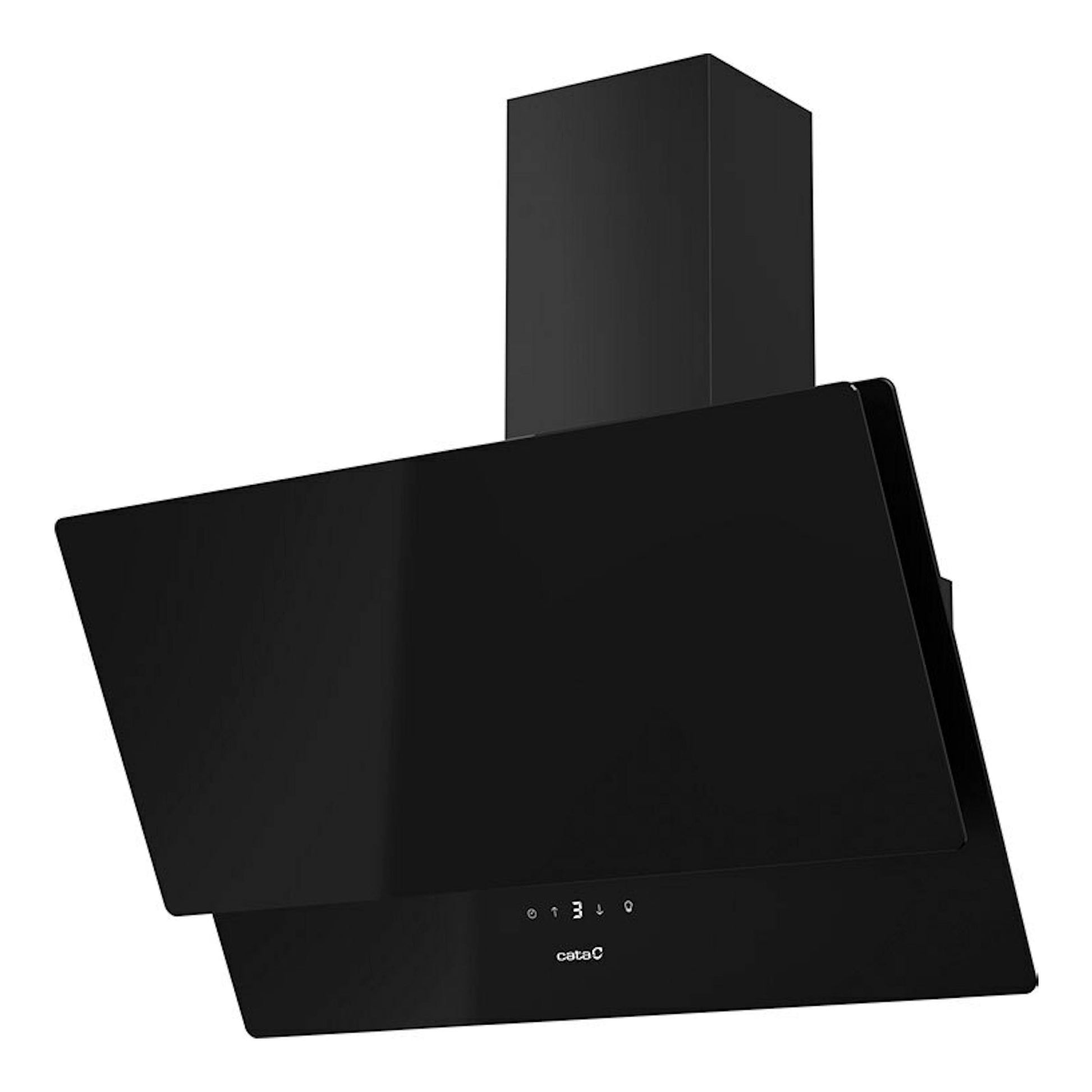 Campana decorativa Cata JUNO Plus 7000 GBK de cristal negro, vista frontal inclinada.