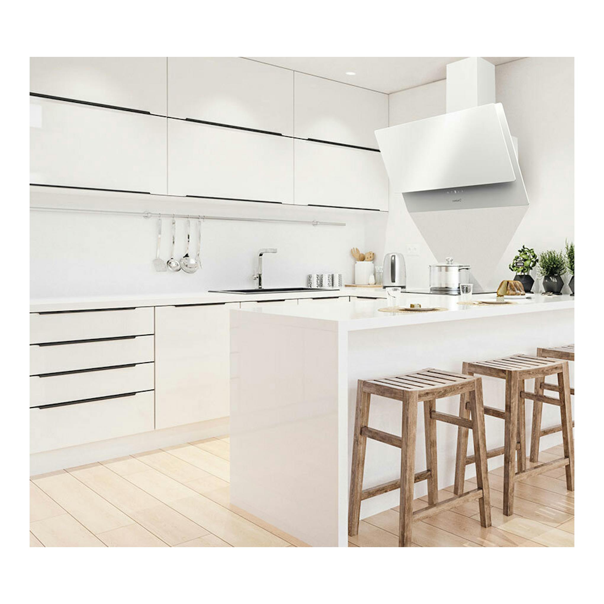 Campana decorativa Cata JUNO Plus 7000 GWH blanca, vista frontal en cocina blanca.