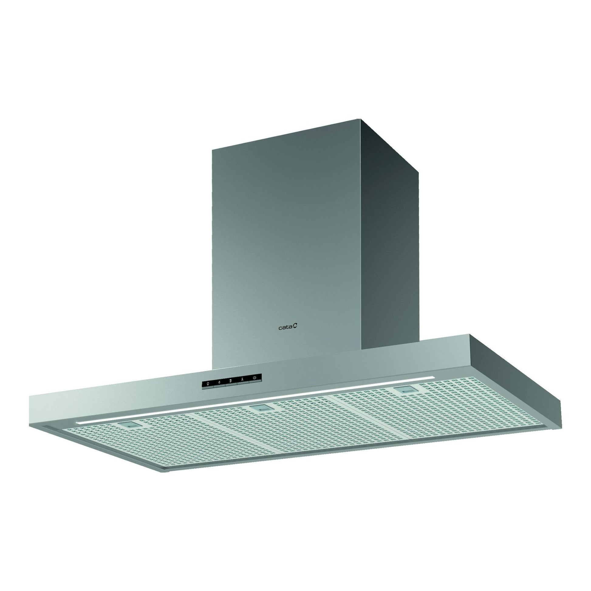 Campana extractora Cata LEGEND 9010 X de acero inox, vista inferior y frontal inclinada, con iluminación LED.