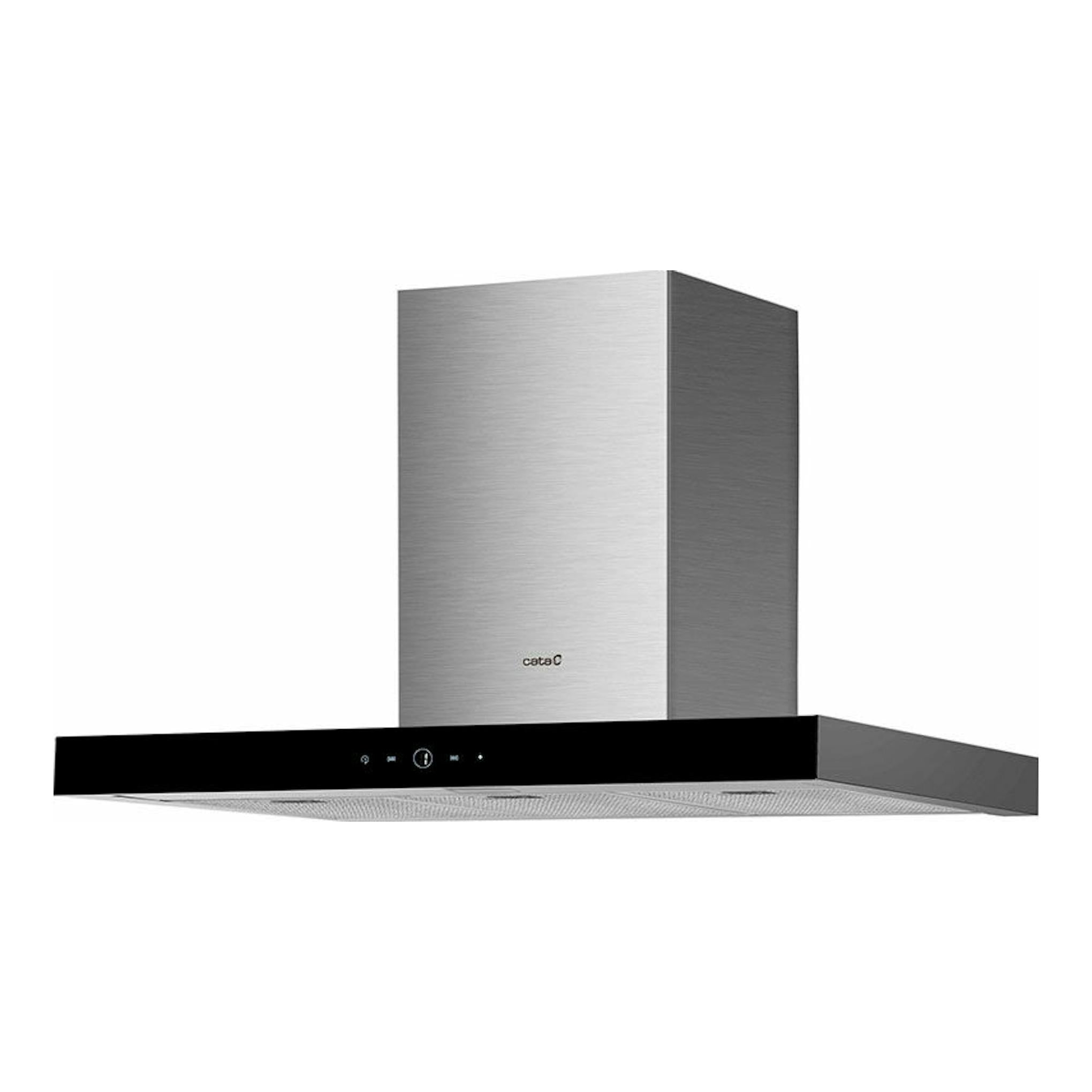 Campana decorativa Cata Legend XGBK inox 90 cm, vista frontal en ángulo, panel negro y cuerpo metálico.