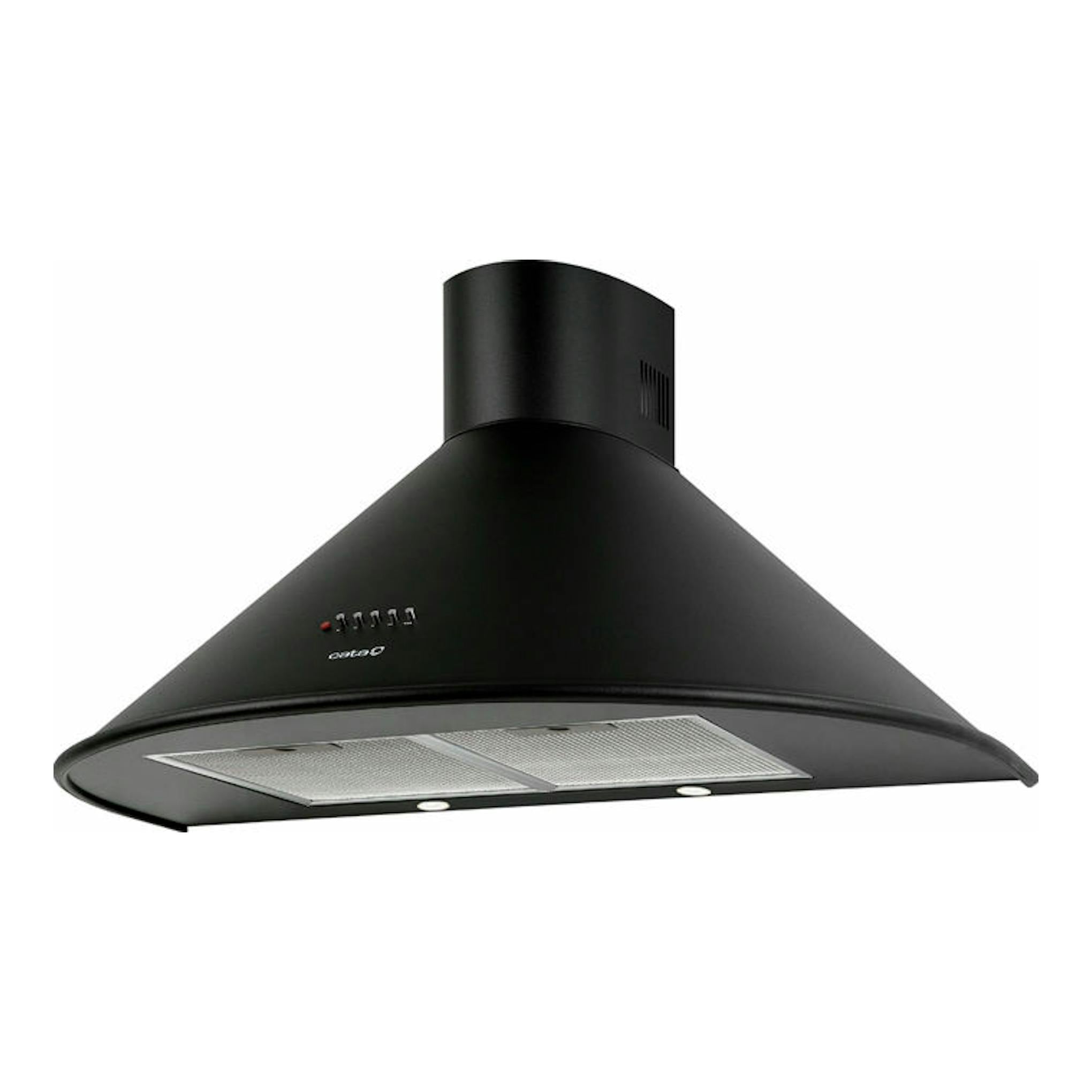 Campana decorativa Cata Q 600 BK negra, vista frontal en ángulo, con acabado cónico y filtros metálicos.