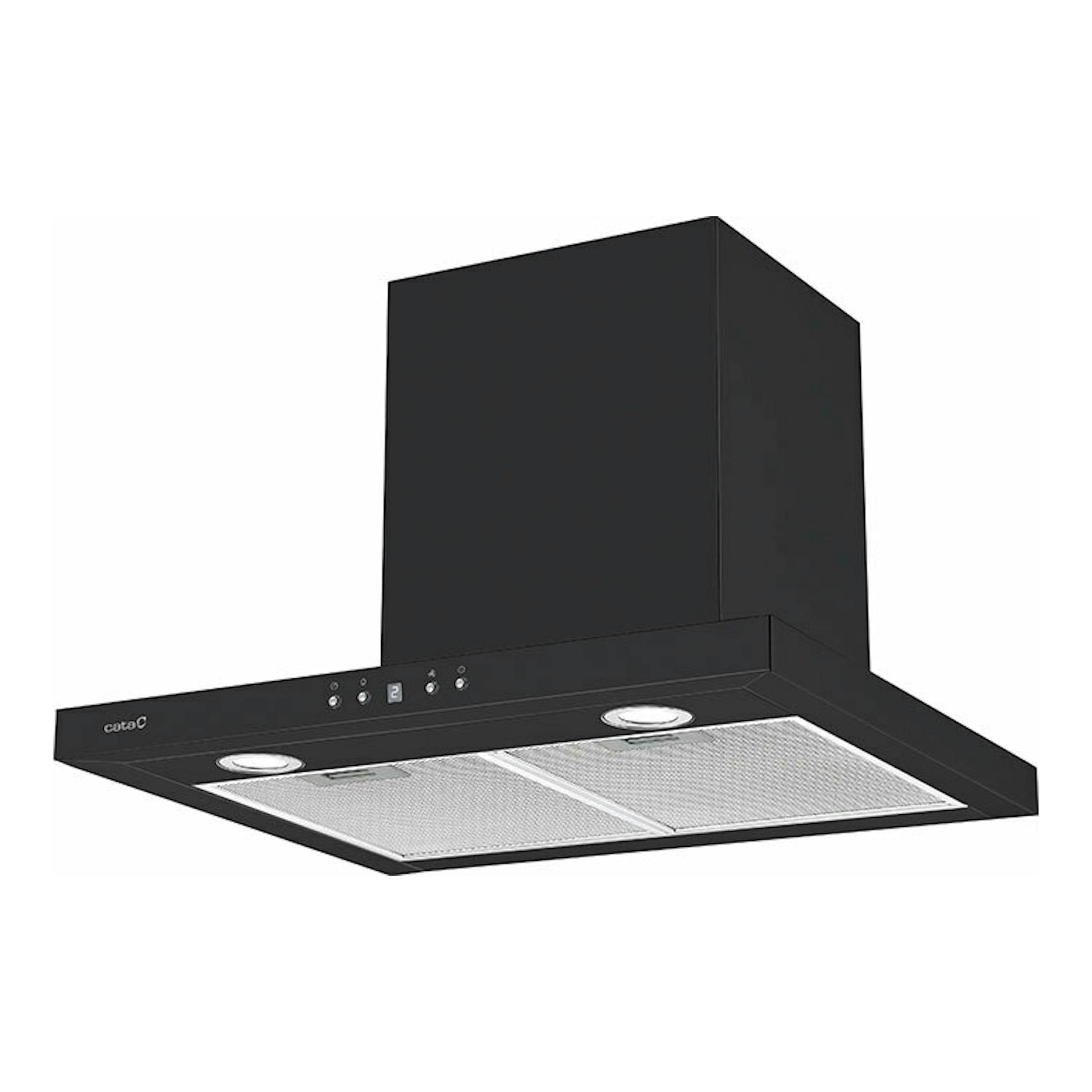 Campana extractora Cata SPRO 6000BK negra de 60 cm, vista inferior y frontal en ángulo.