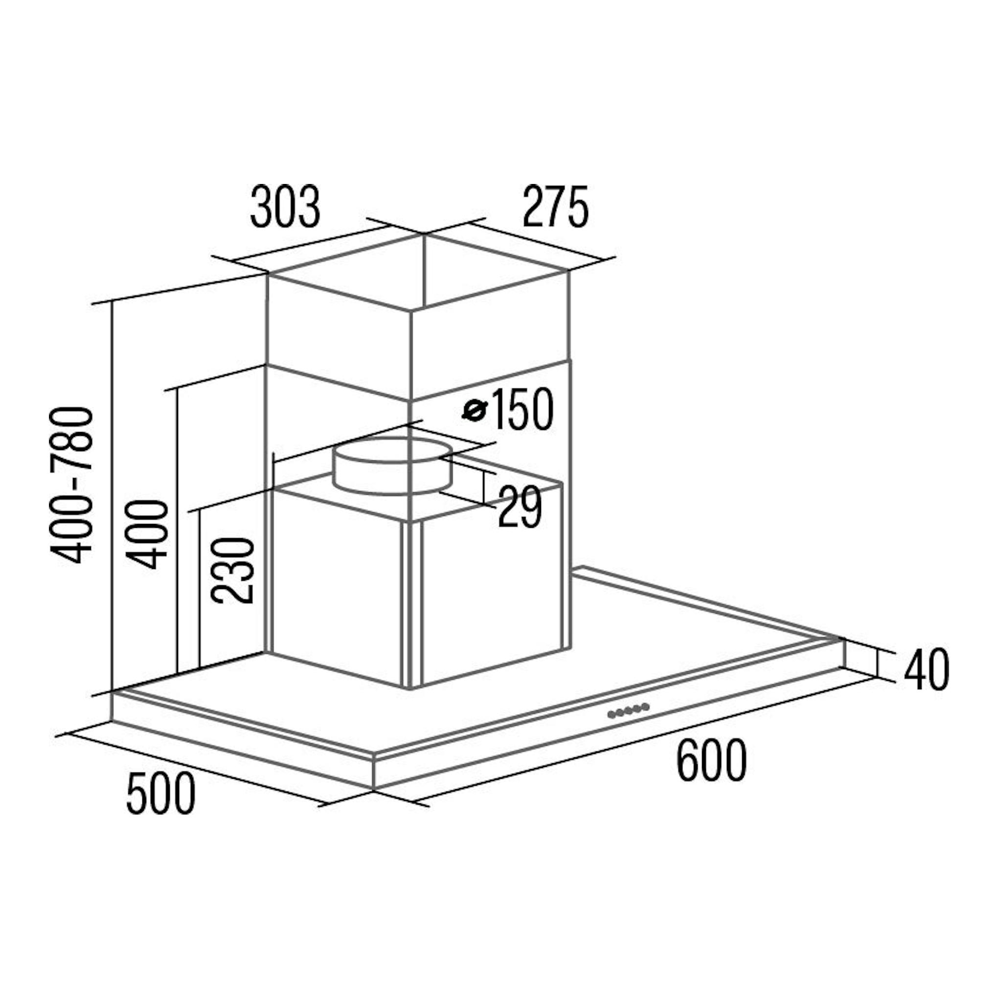 Cata SPRO 6000X, campana decorativa inox de 60 cm, dibujo técnico en perspectiva con medidas.