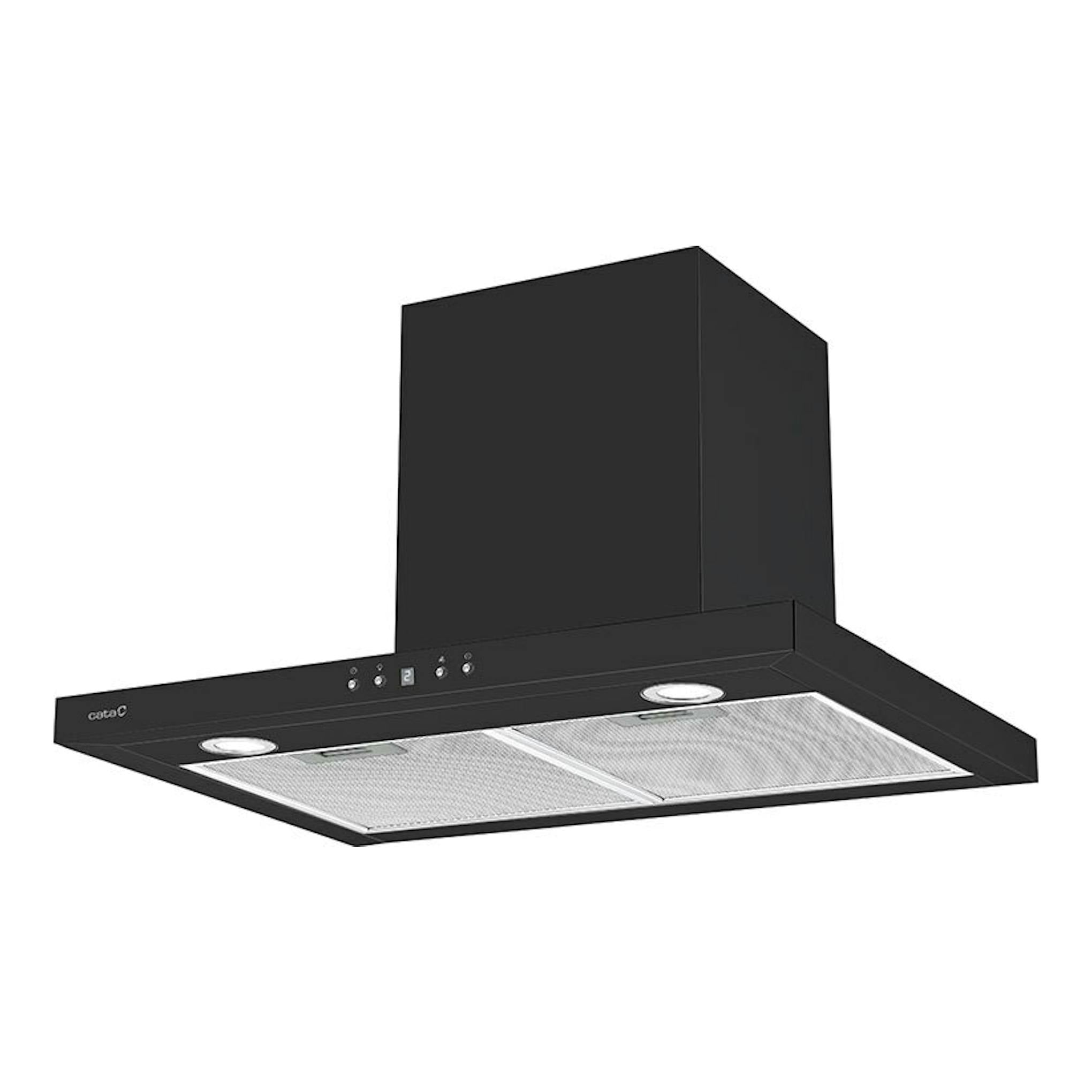 Campana extractora Cata SPRO 7000BK negra, vista inferior y frontal en ángulo, con filtros metálicos.