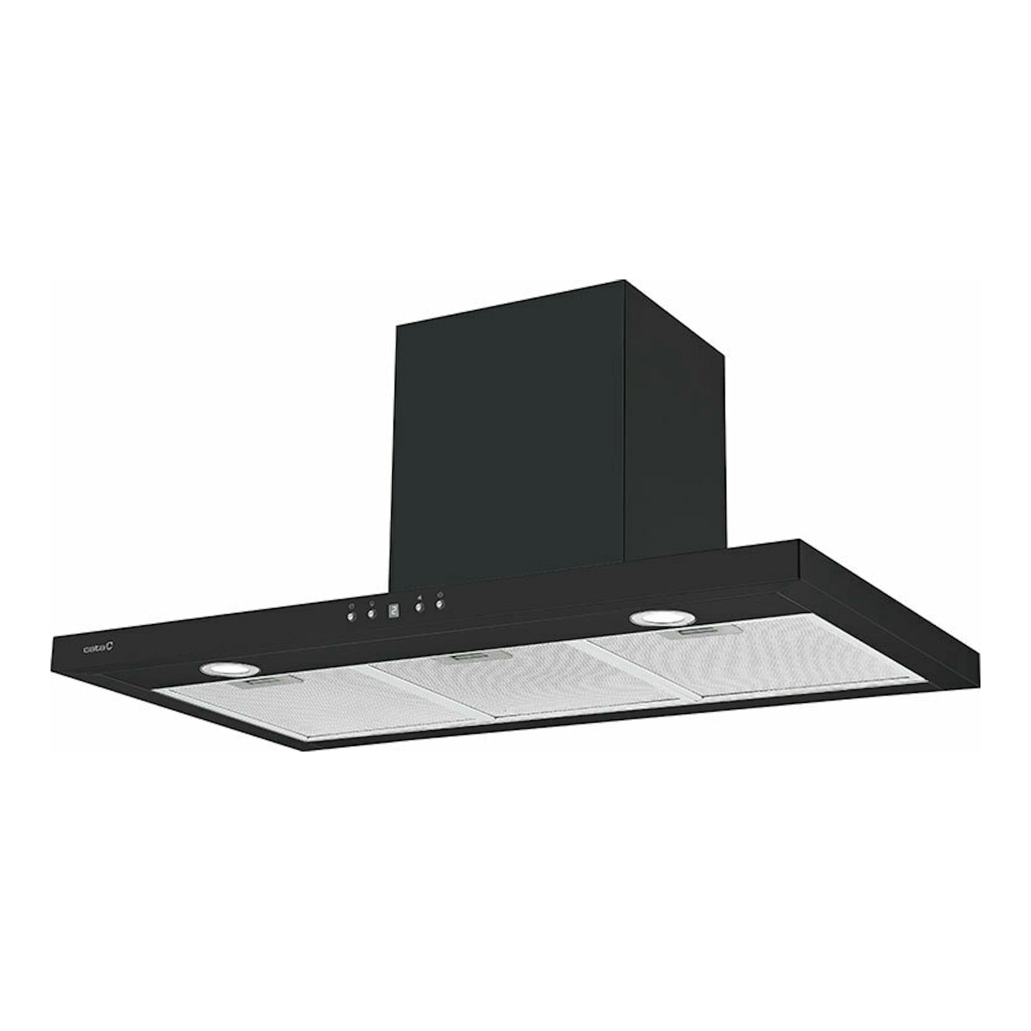 Campana extractora Cata SPRO 9000BK negra, vista inferior en ángulo, con paneles y mandos frontales.