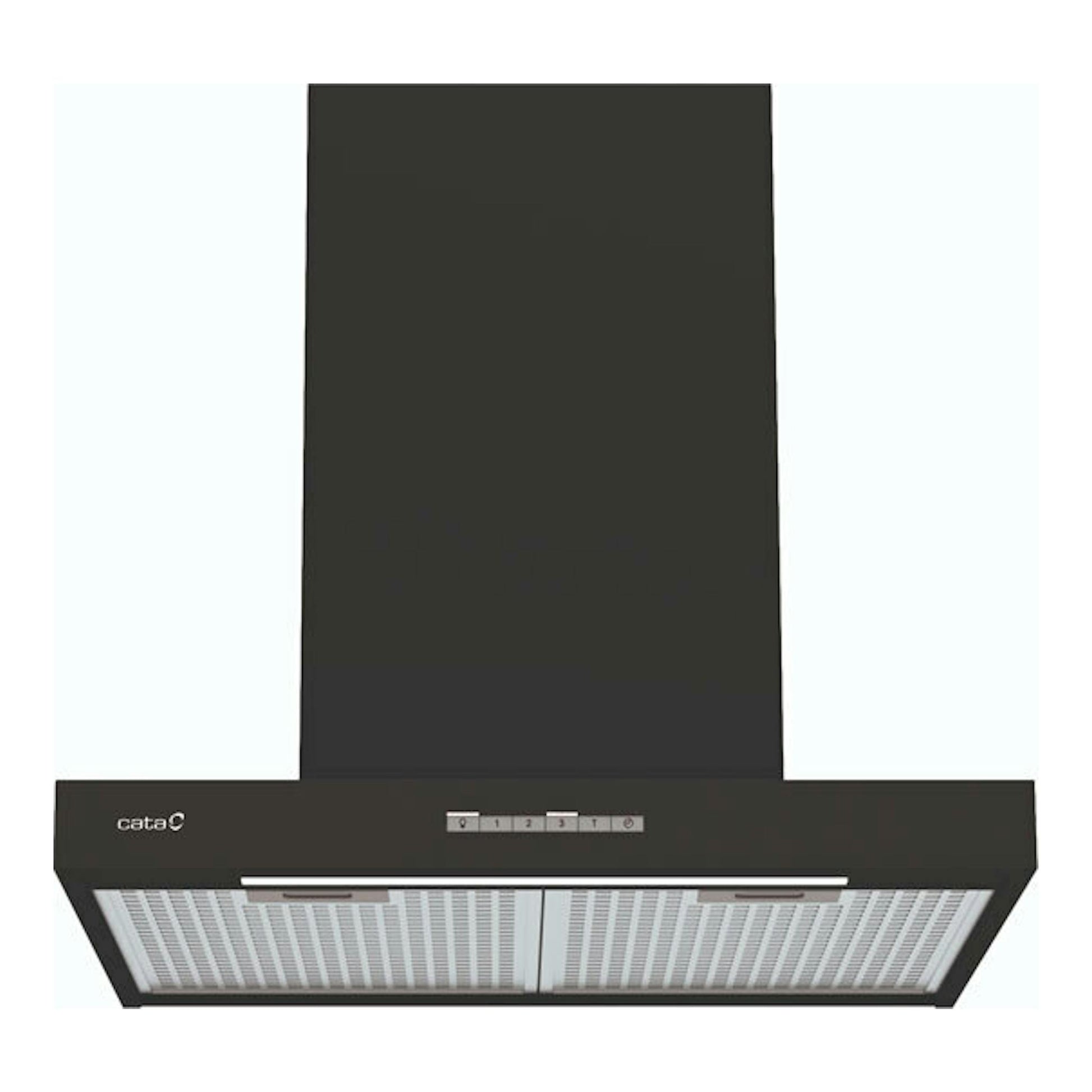 Campana decorativa Cata SYGMA 6010 BK negra, vista frontal, con chimenea y filtros metálicos.