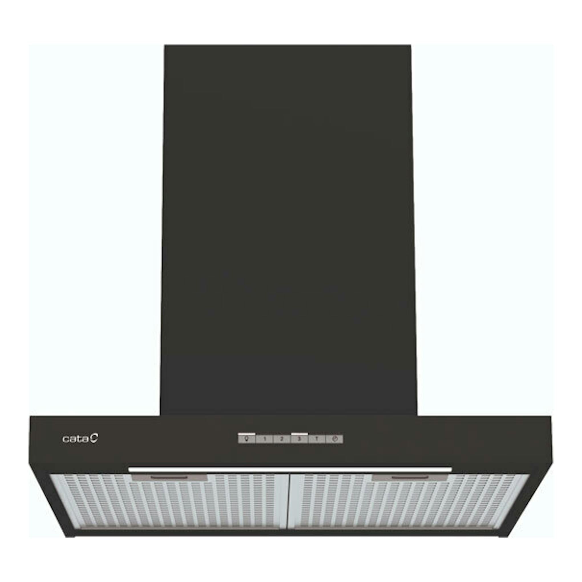 Campana decorativa Cata SYGMA 6010 BK negra, vista frontal, con chimenea y filtros metálicos.