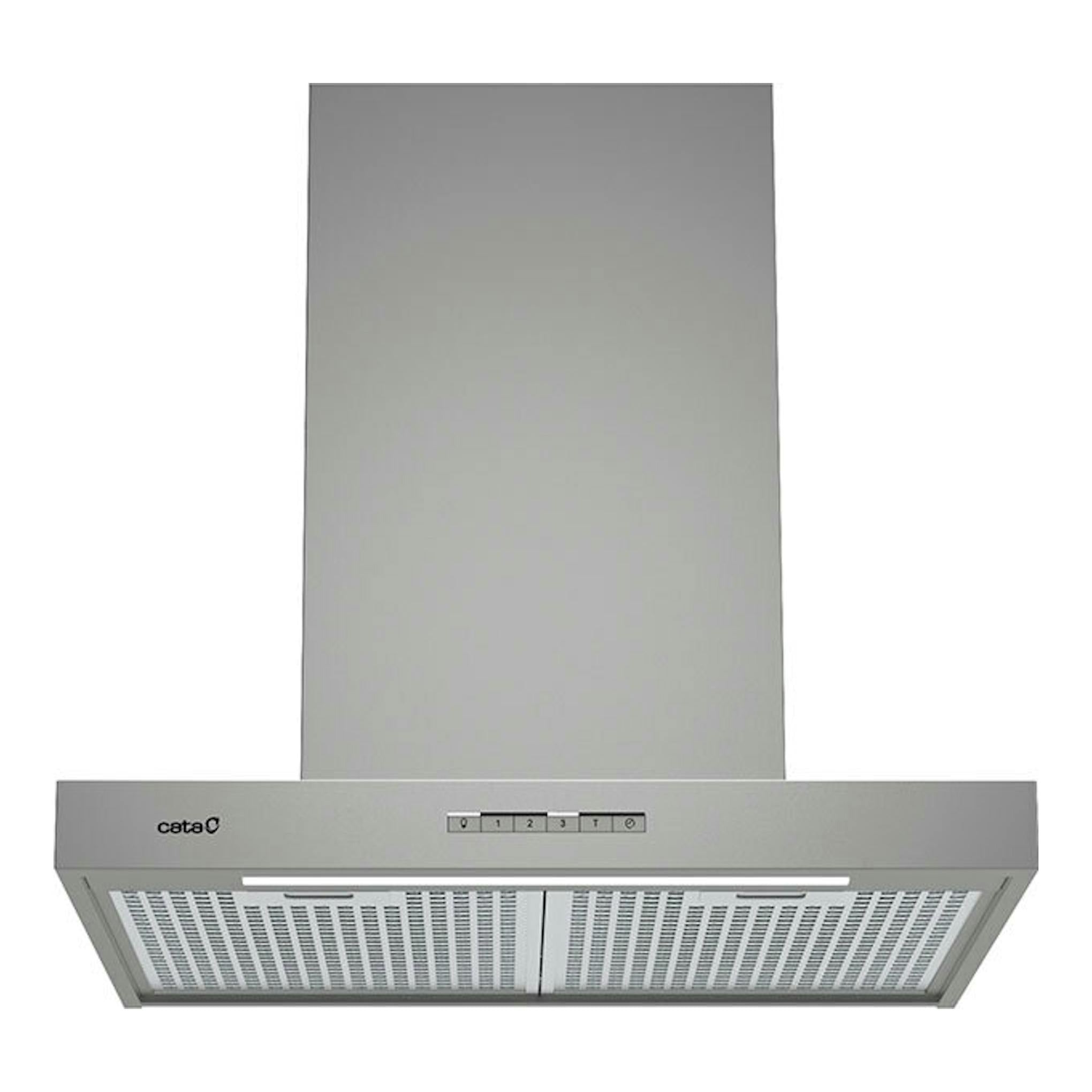 Campana decorativa Cata SYGMA 6010X en acero inoxidable gris, vista frontal, con mandos y filtros metálicos.