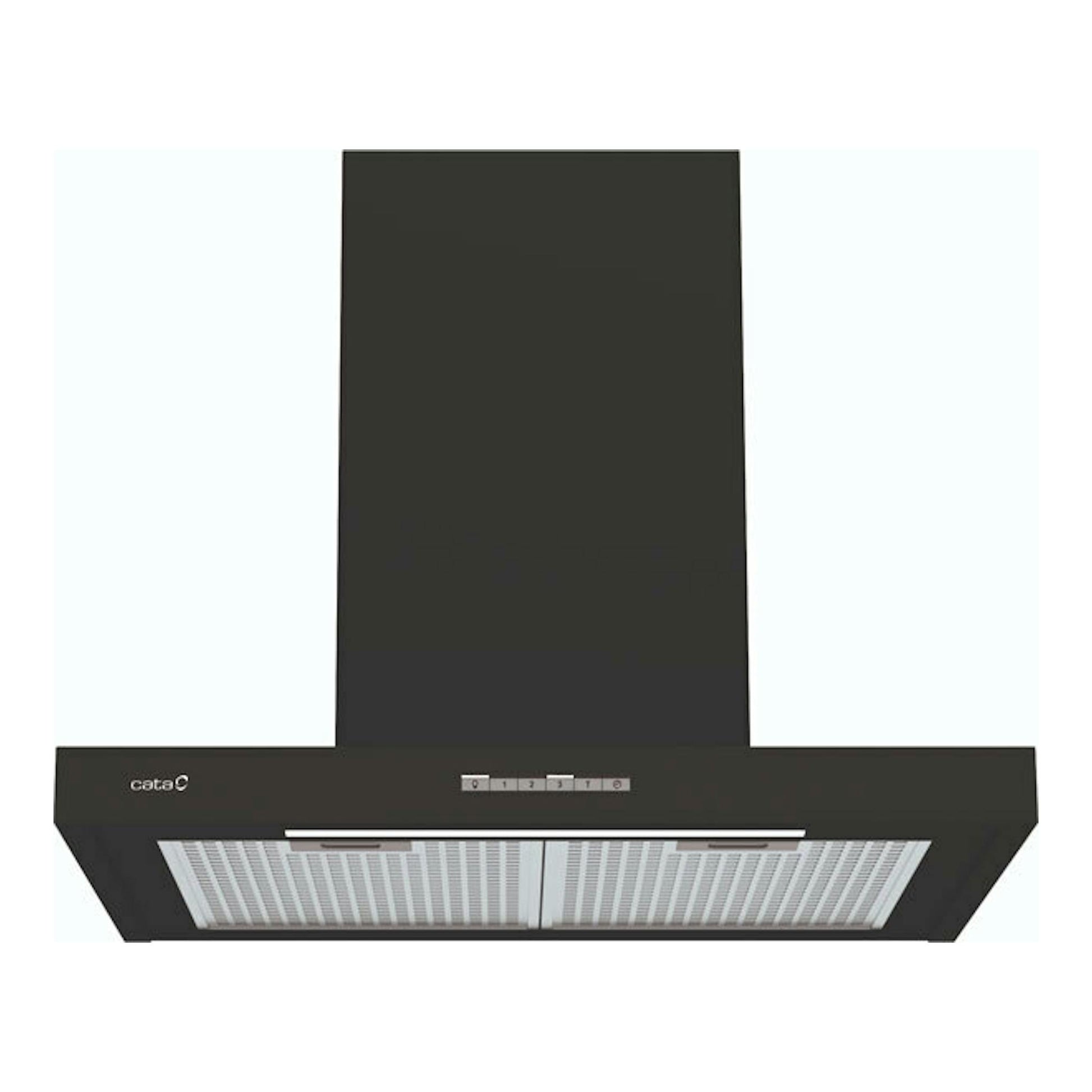 Campana extractora Cata SYGMA 7010 BK negra, vista frontal, con chimenea rectangular y filtros metálicos.
