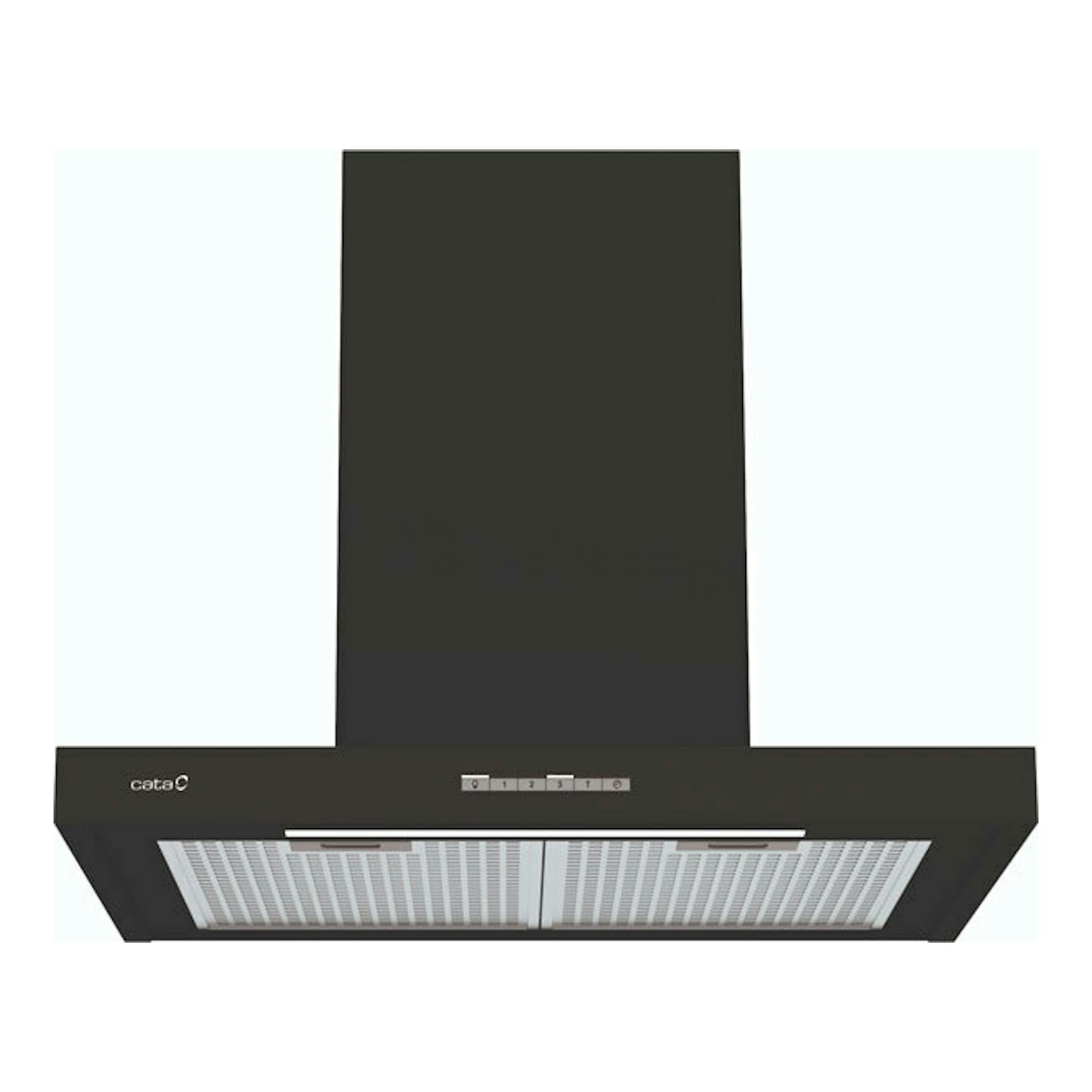 Campana extractora Cata SYGMA 7010 BK negra, vista frontal, con chimenea rectangular y filtros metálicos.