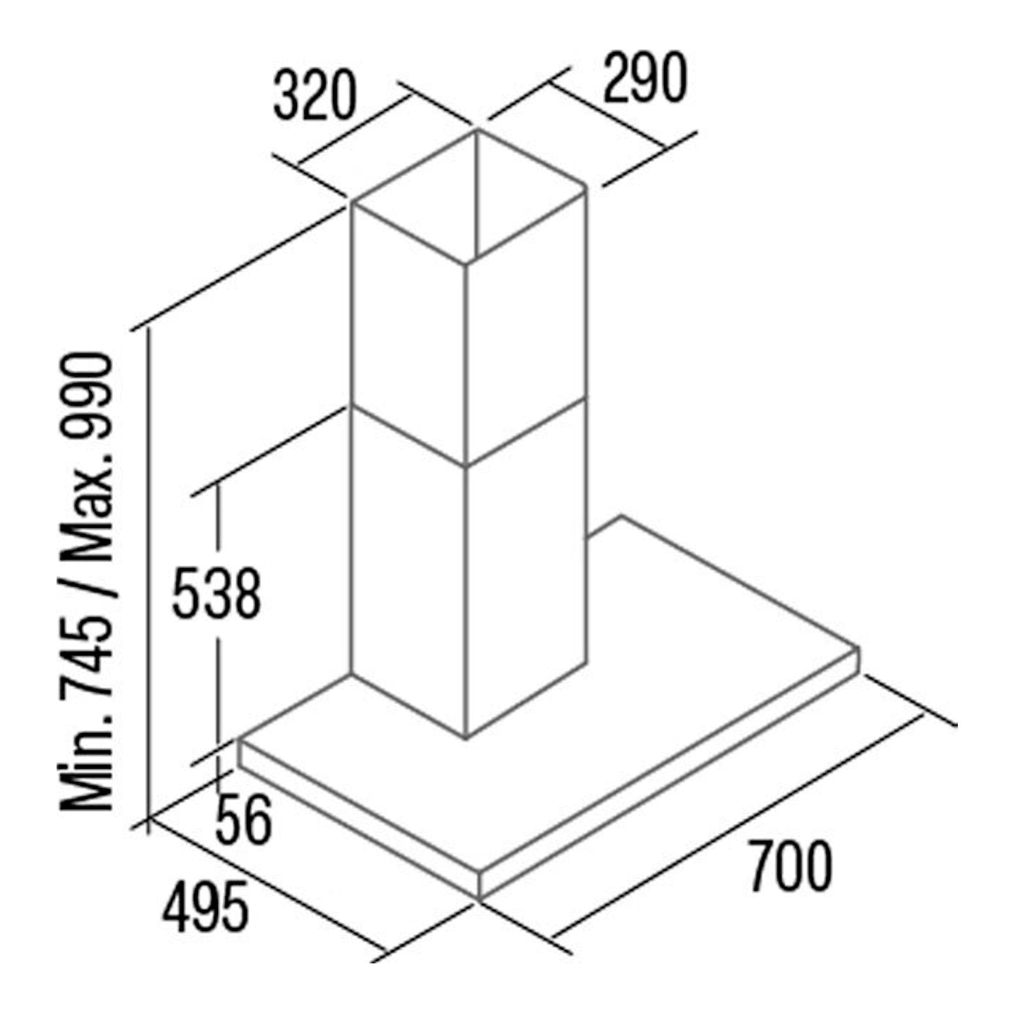 Cata SYGMA 7010 BK: dibujo técnico isométrico de campana decorativa con chimenea, base 700 x 495 mm y altura min. 745 mm.
