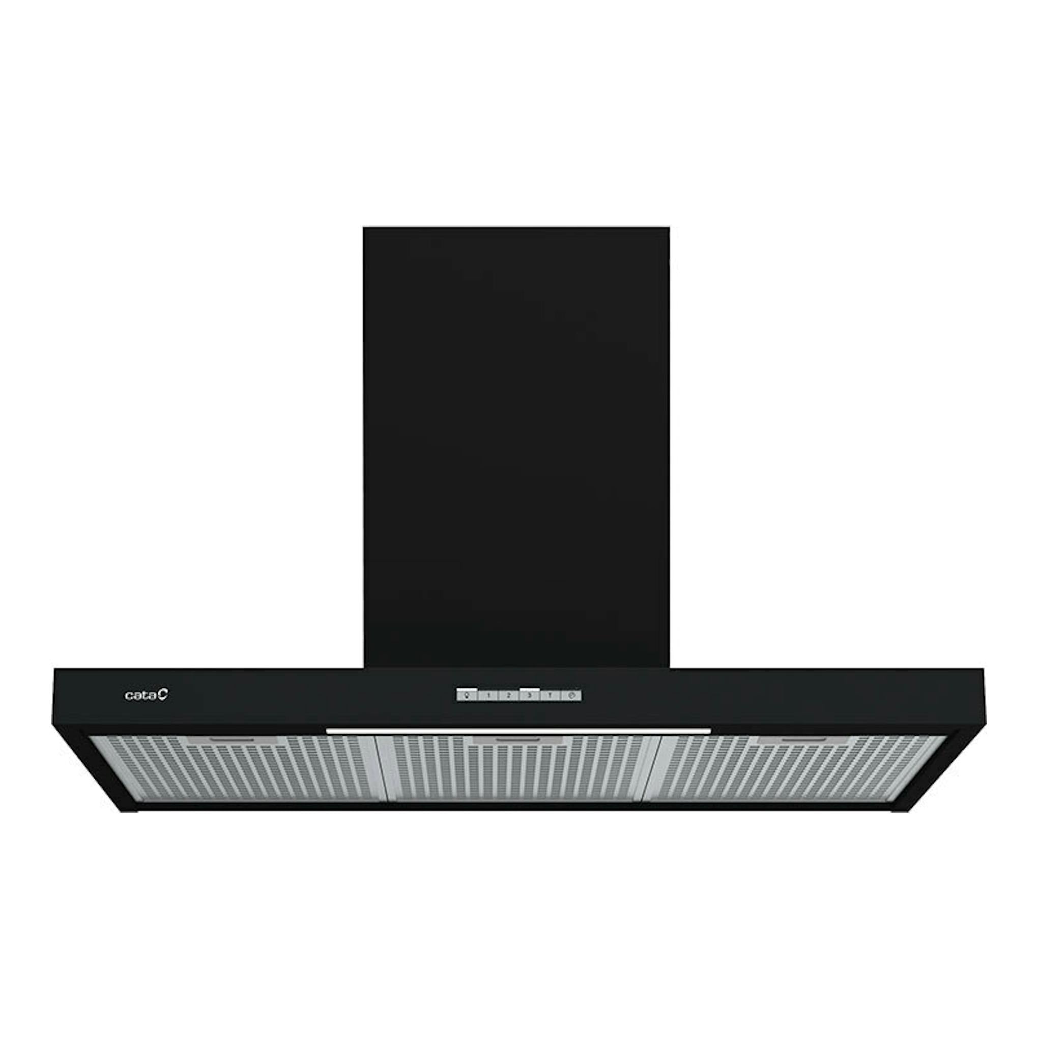 Campana decorativa Cata SYGMA 9010BK negra, vista frontal, con chimenea vertical y filtros metálicos.
