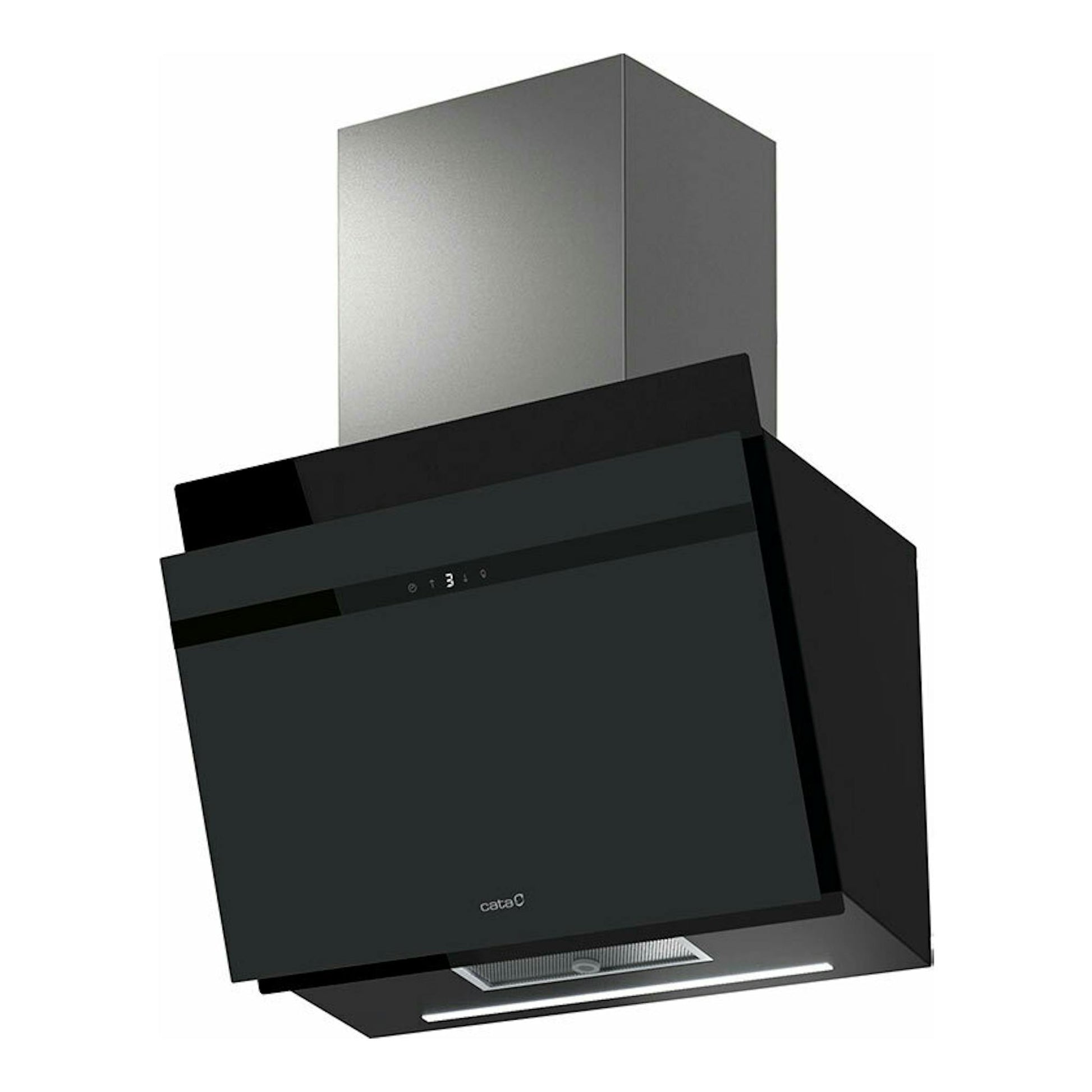 Campana decorativa Cata Thalassa EVO 60GBK negra, vista frontal en ángulo, con panel de cristal.