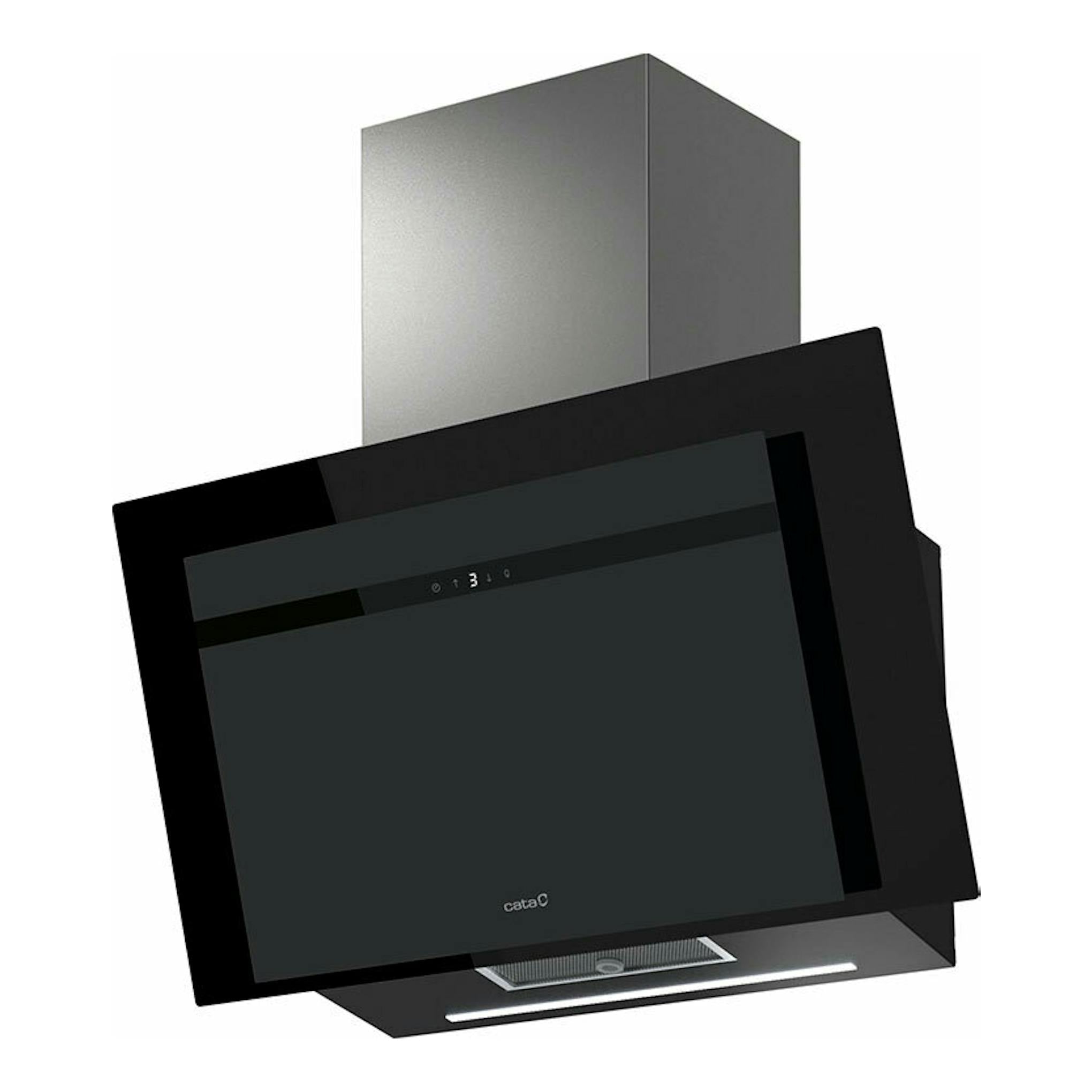 Campana extractora Cata Thalassa EVO 80GBK, vista frontal en ángulo, cristal negro y chimenea metálica.