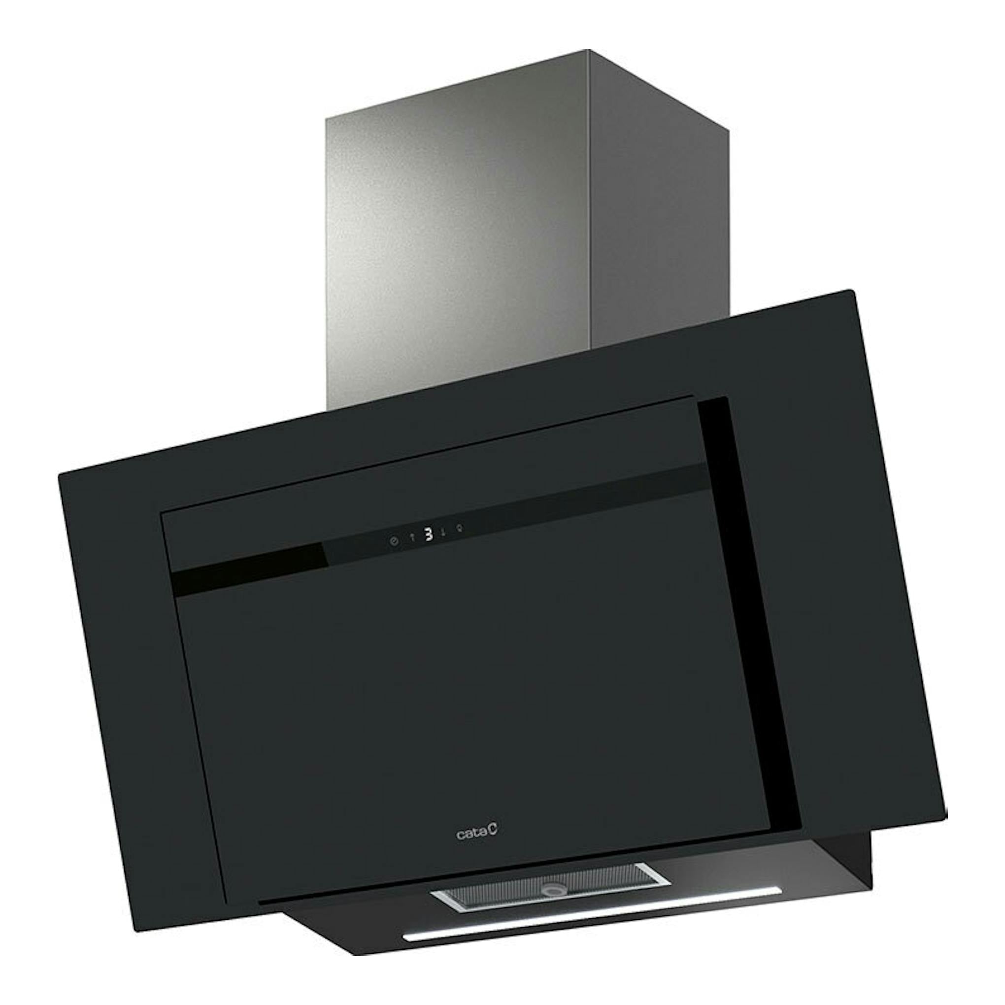 Campana extractora Cata Thalassa EVO NO DRIP 90GBK en negro, vista frontal inclinada, con chimenea plateada.